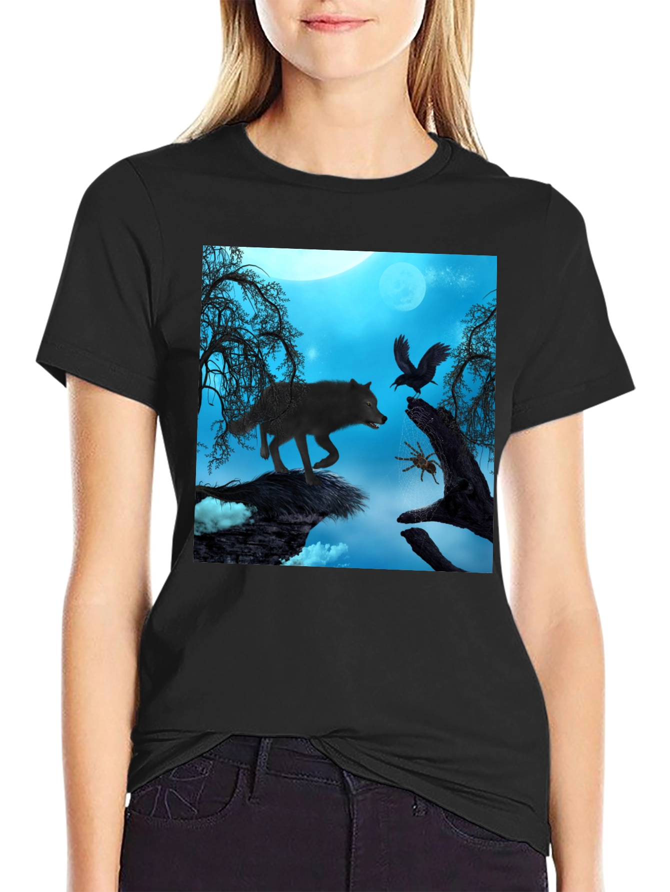 Wolf Raven Spider Graphic Black Tee