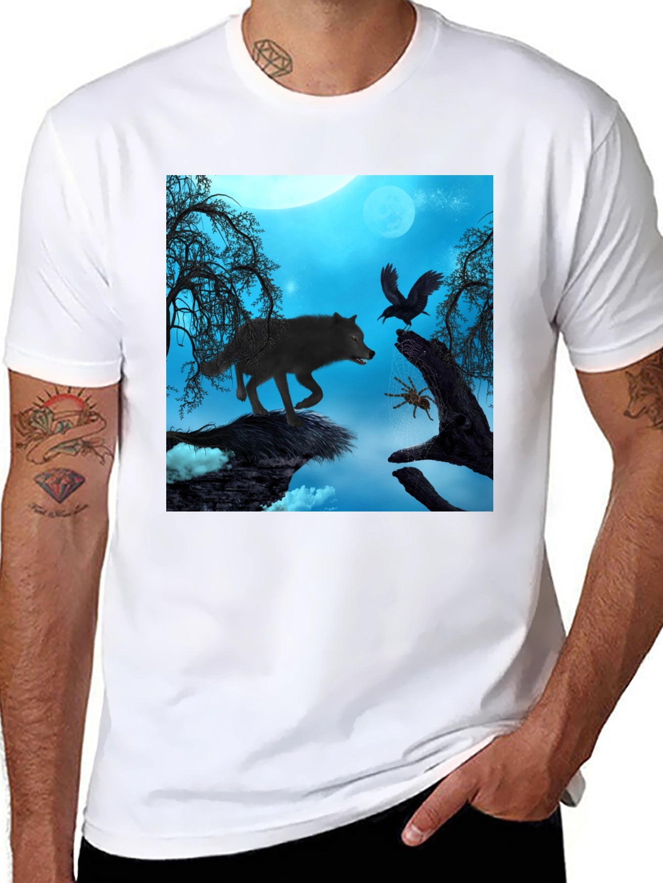 Wolf Raven Spider Graphic Black Tee
