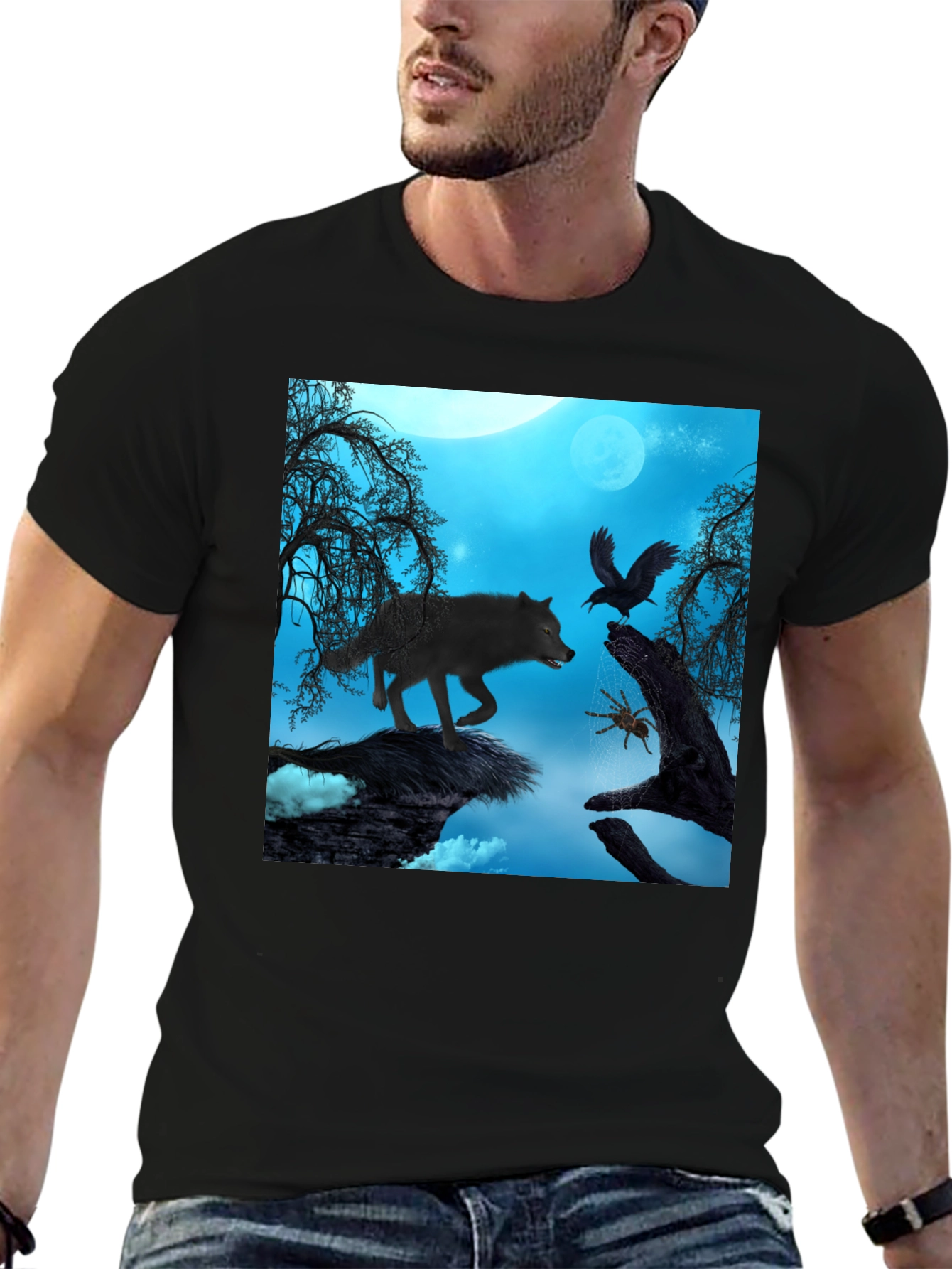 Wolf Raven Spider Graphic Black Tee