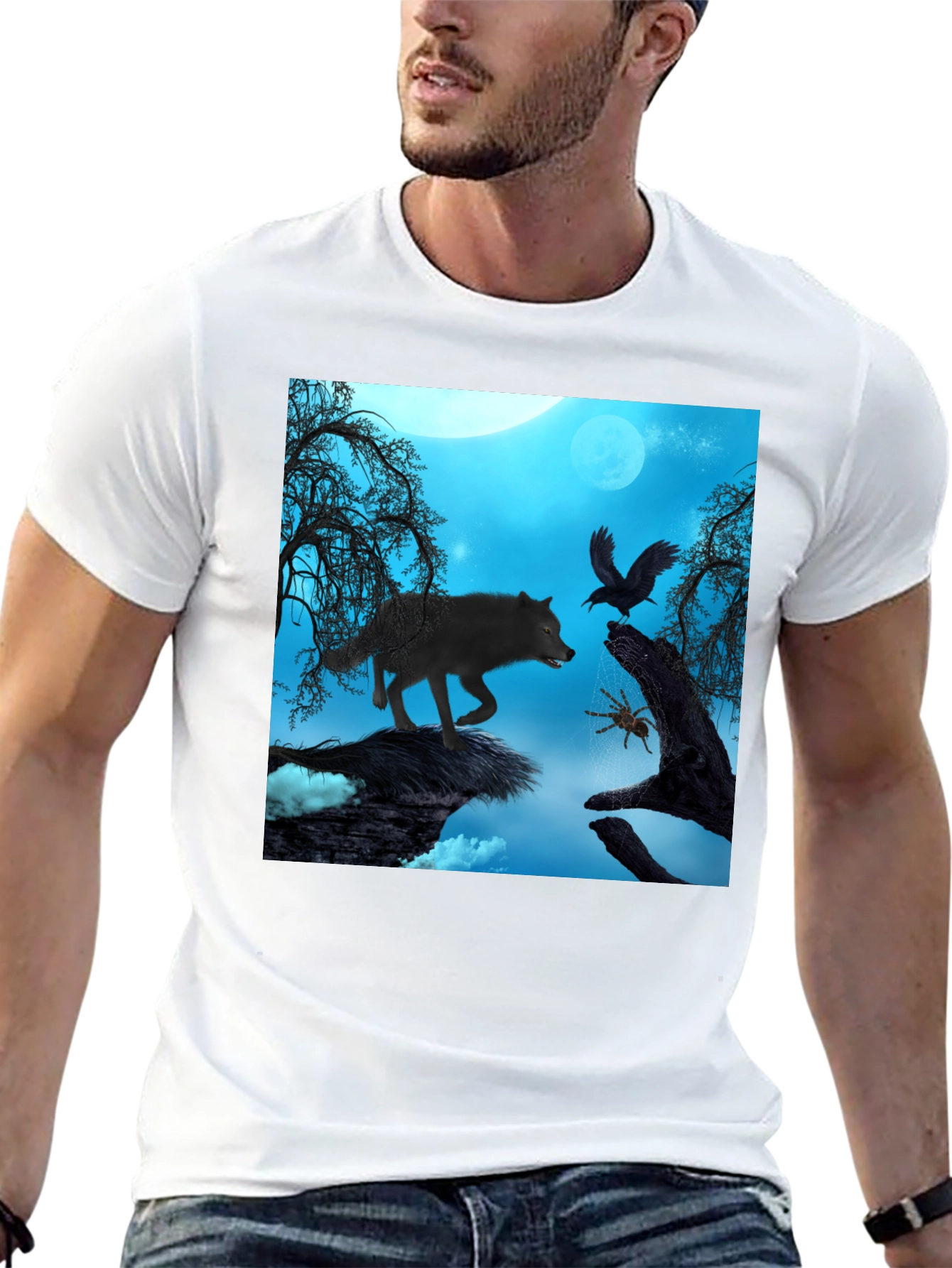 Wolf Raven Spider Graphic Black Tee