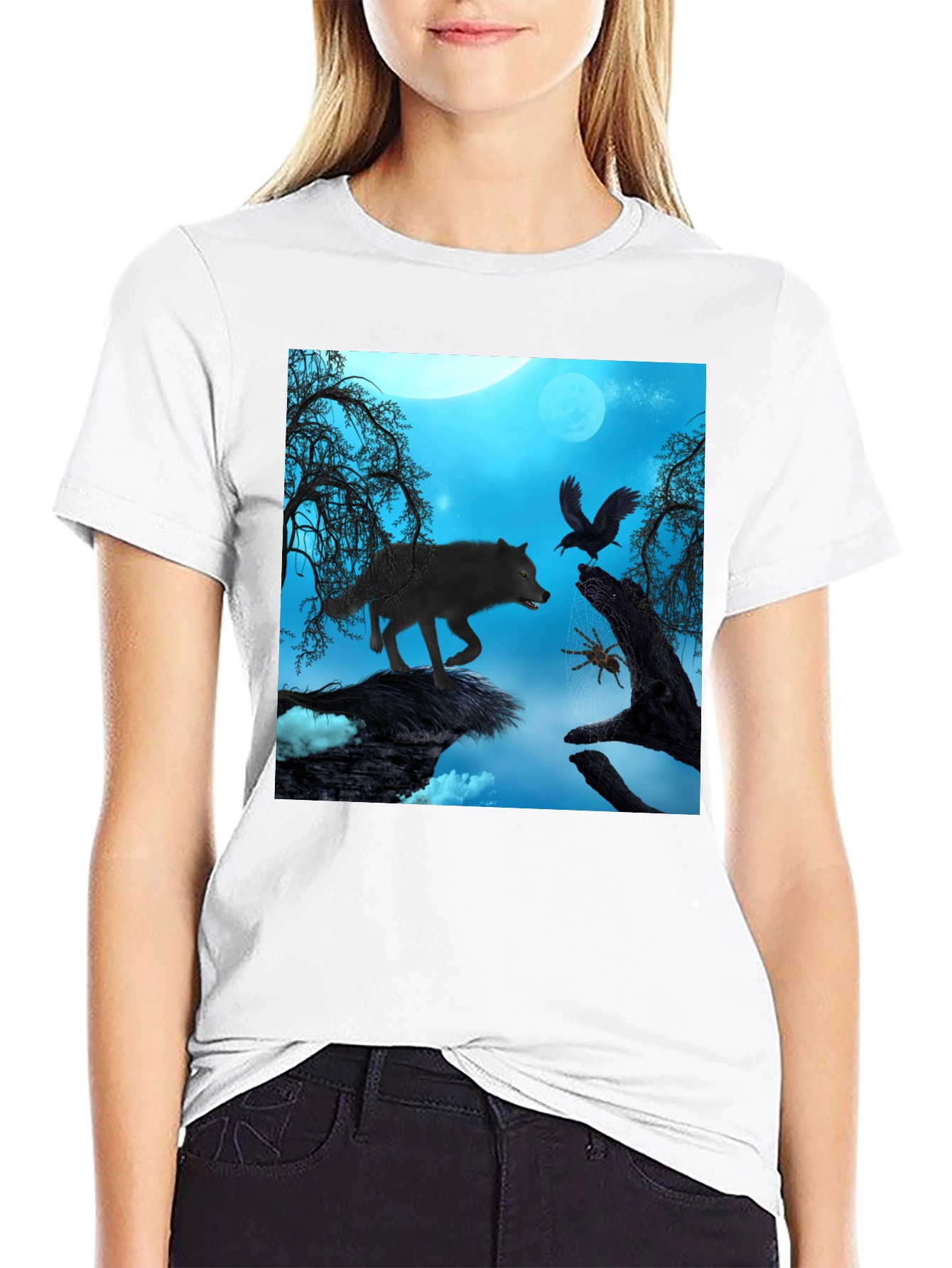 Wolf Raven Spider Graphic Black Tee