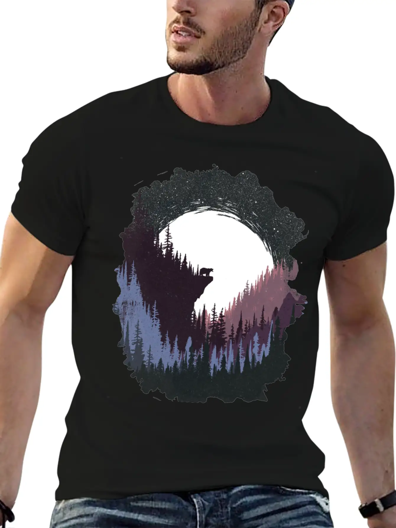 Bear And Moon Lightweight Cotton T-Shirt – Daily Comfort Graphic Shirt