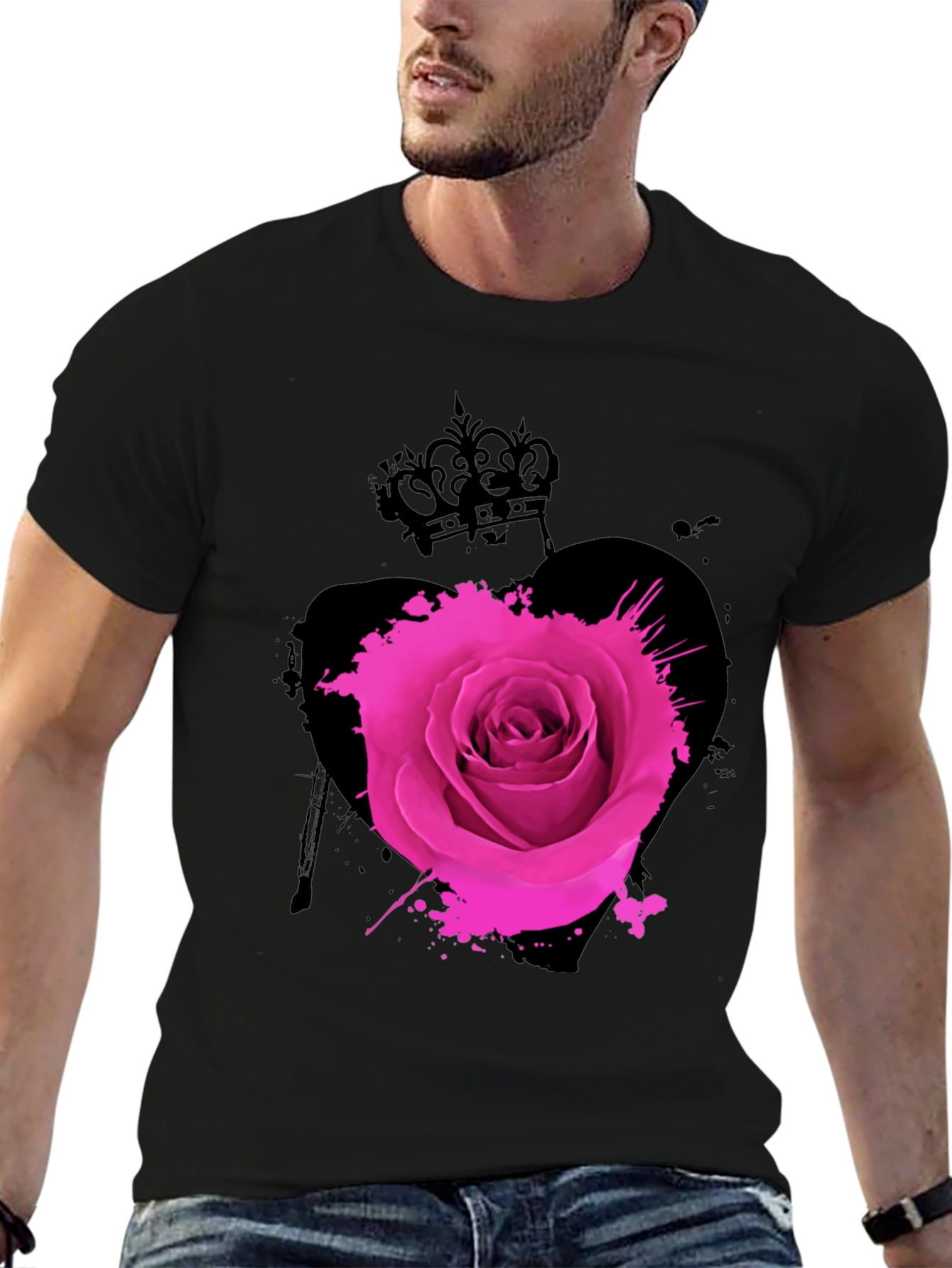 Rose Crown Heart Mens Graphic Tee - Black