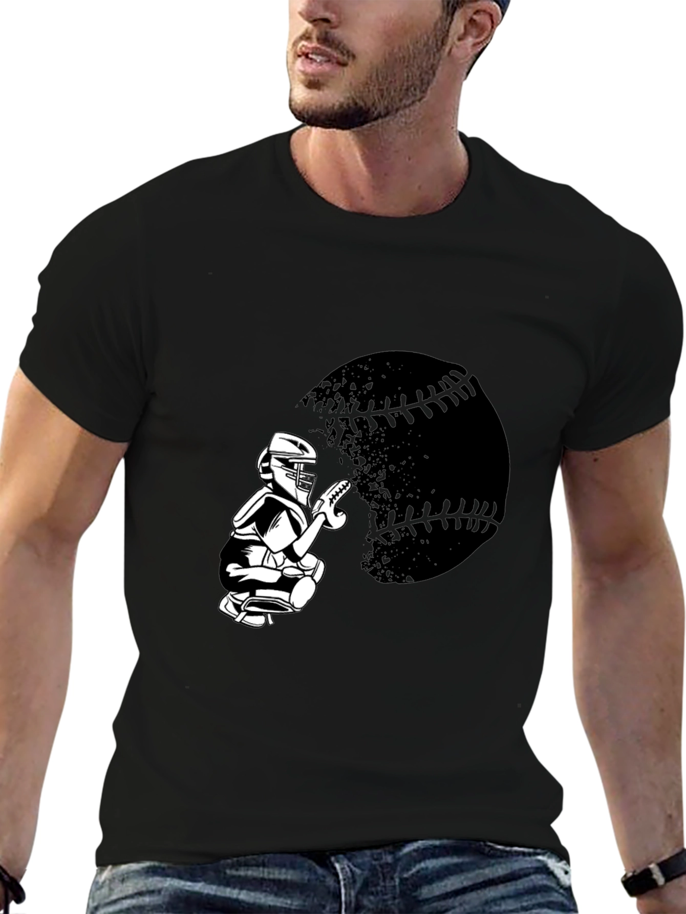 Baseball Catcher Graphic Tee - Sporty Black T-Shirt
