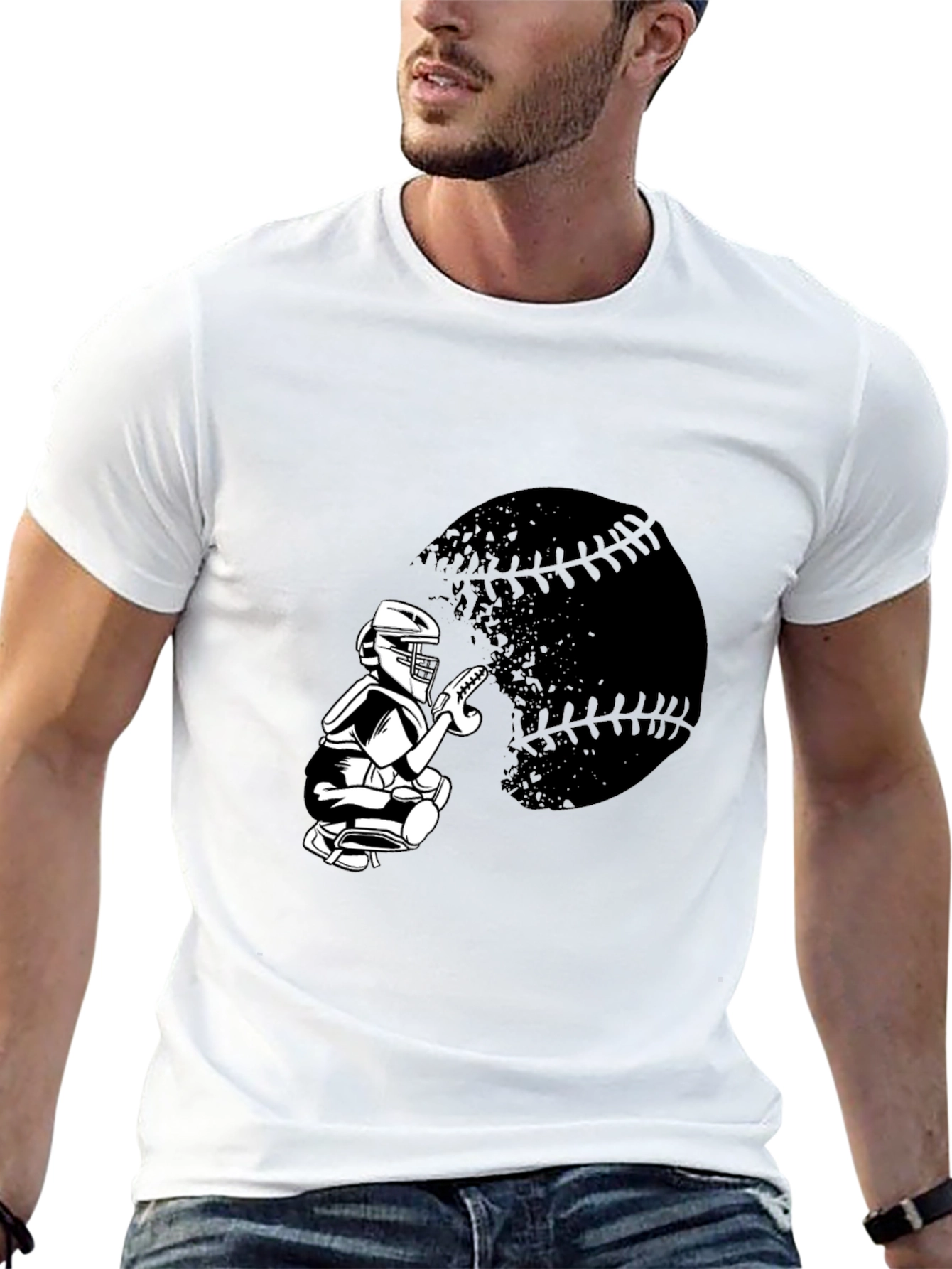 Baseball Catcher Graphic Tee - Sporty Black T-Shirt