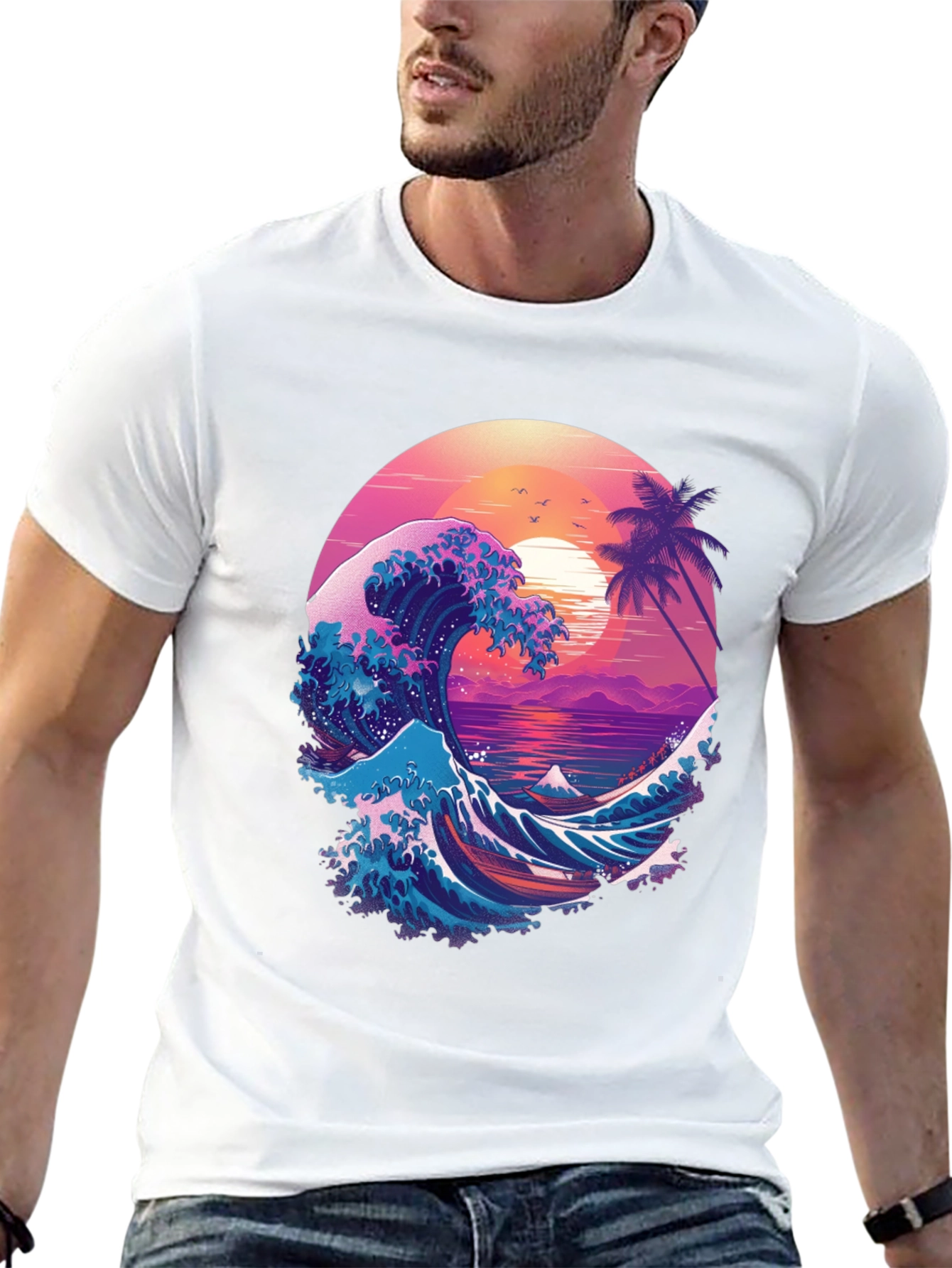 Retro Wave Graphic T-Shirt - Black Crew Neck Tee
