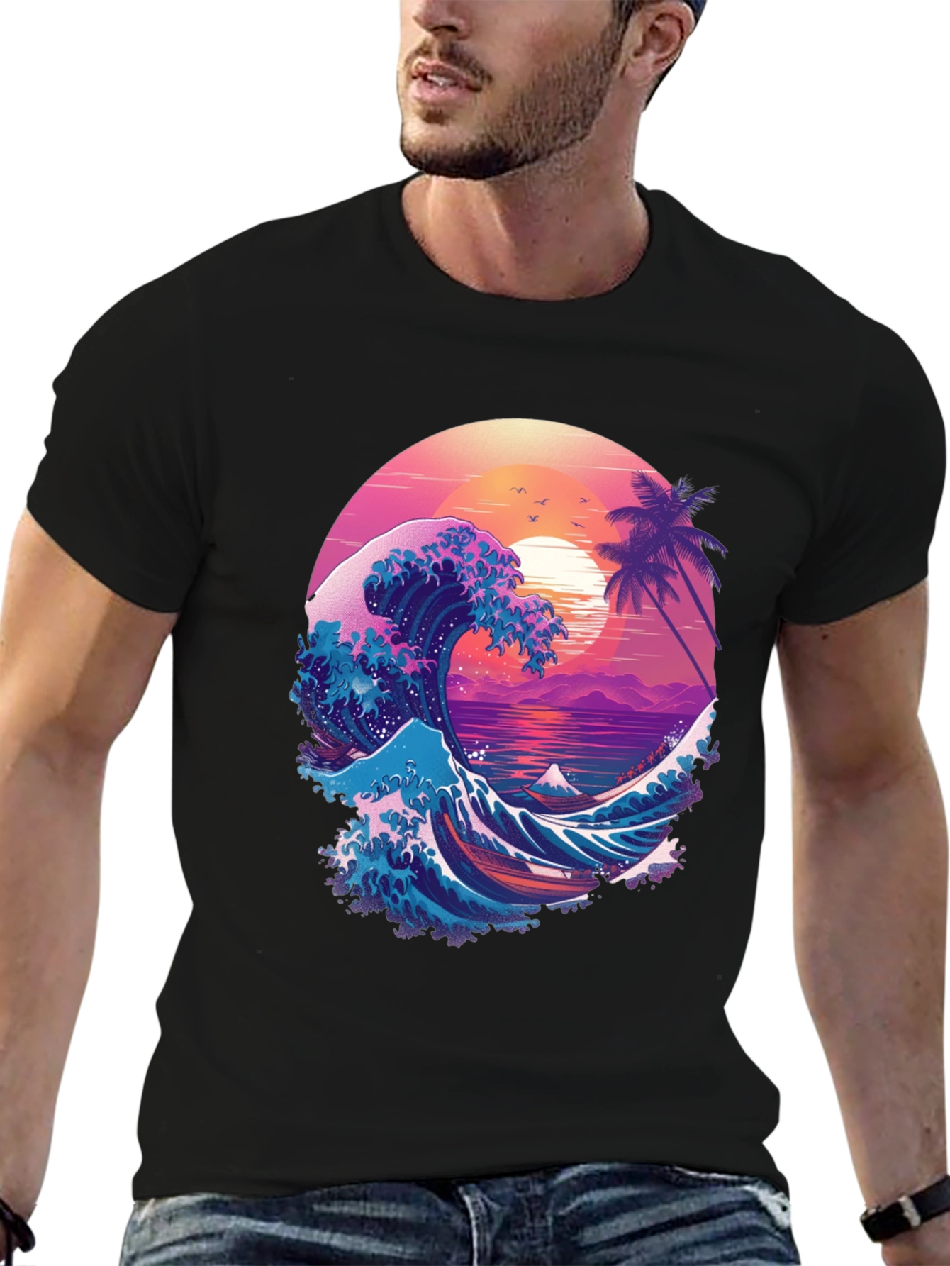 Retro Wave Graphic T-Shirt - Black Crew Neck Tee