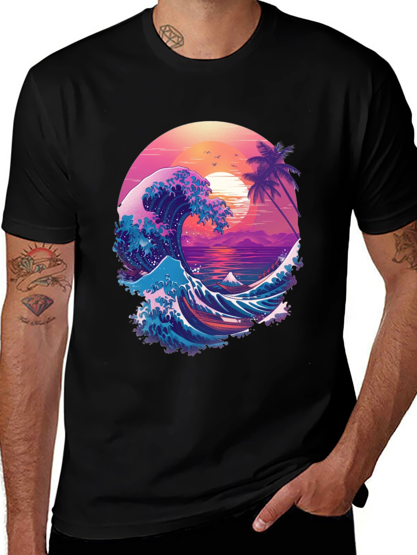 Retro Wave Graphic T-Shirt - Black Crew Neck Tee