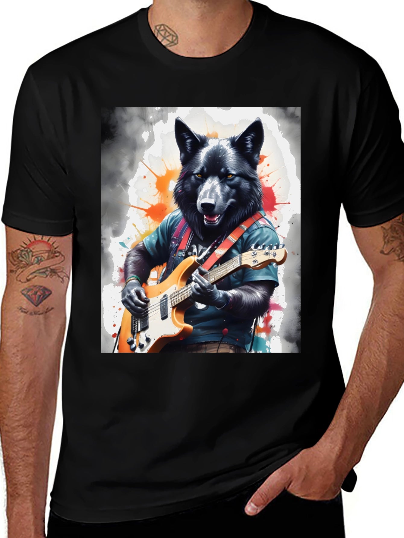 Wolf Guitarist Graphic Tee - Unique Animal Art Shirt