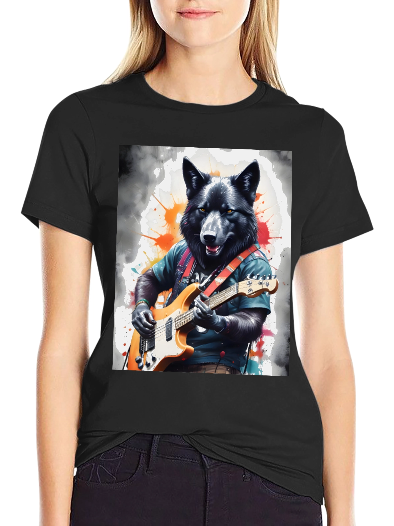Wolf Guitarist Graphic Tee - Unique Animal Art Shirt