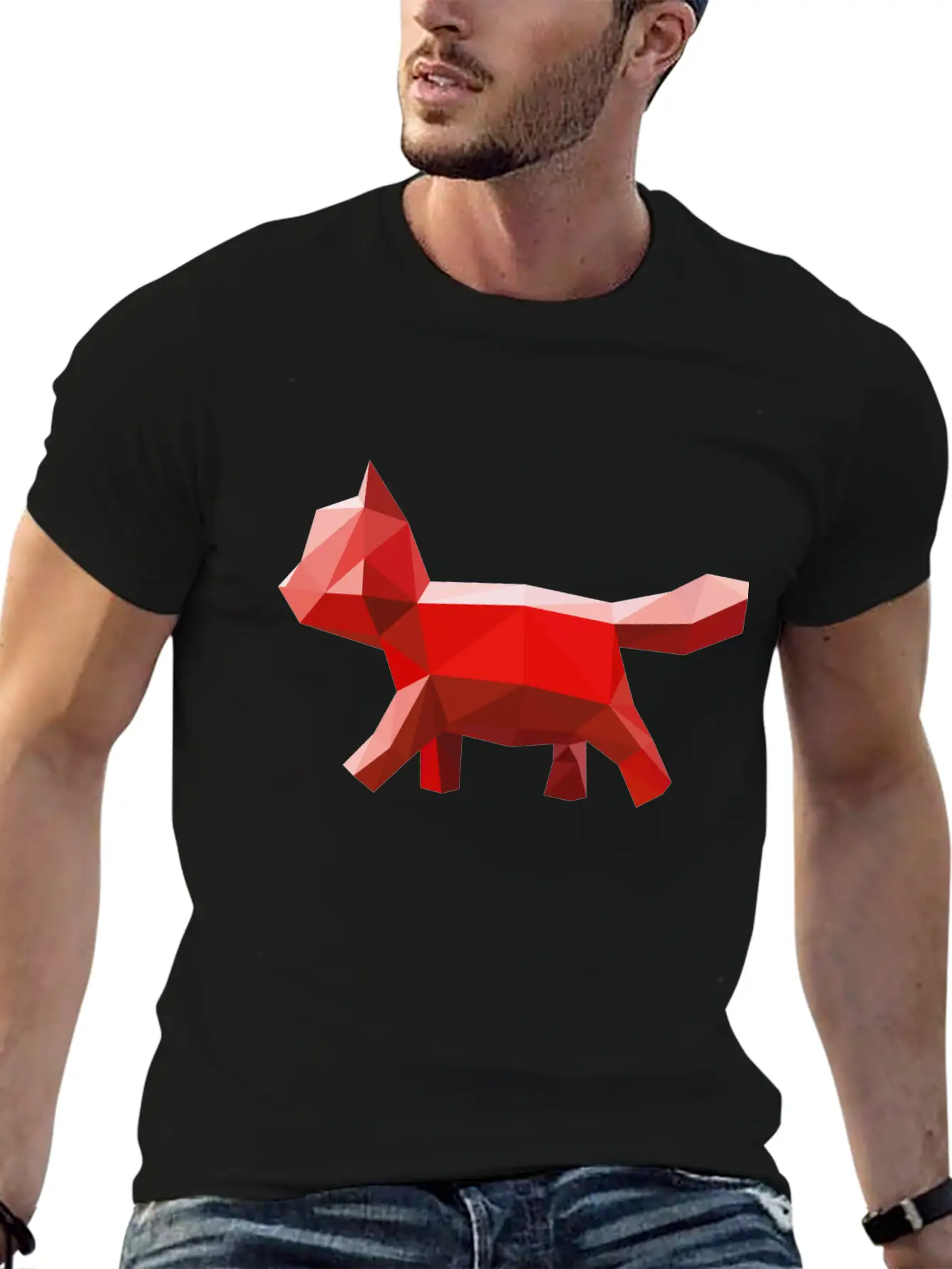 Cat Geometric Red Lightweight Cotton T-Shirt – Daily Comfort Graphic Shirt