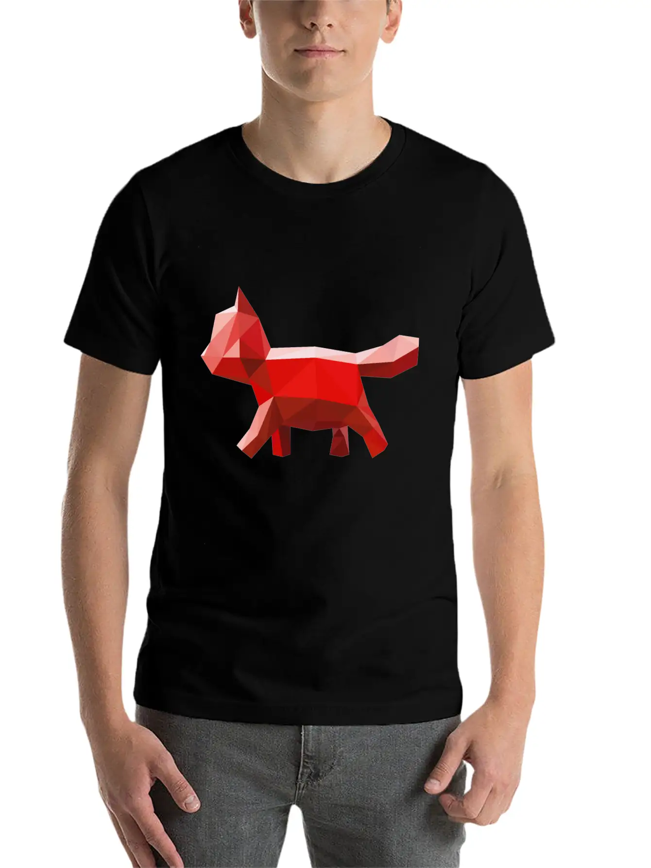 Cat Geometric Red Lightweight Cotton T-Shirt – Daily Comfort Graphic Shirt