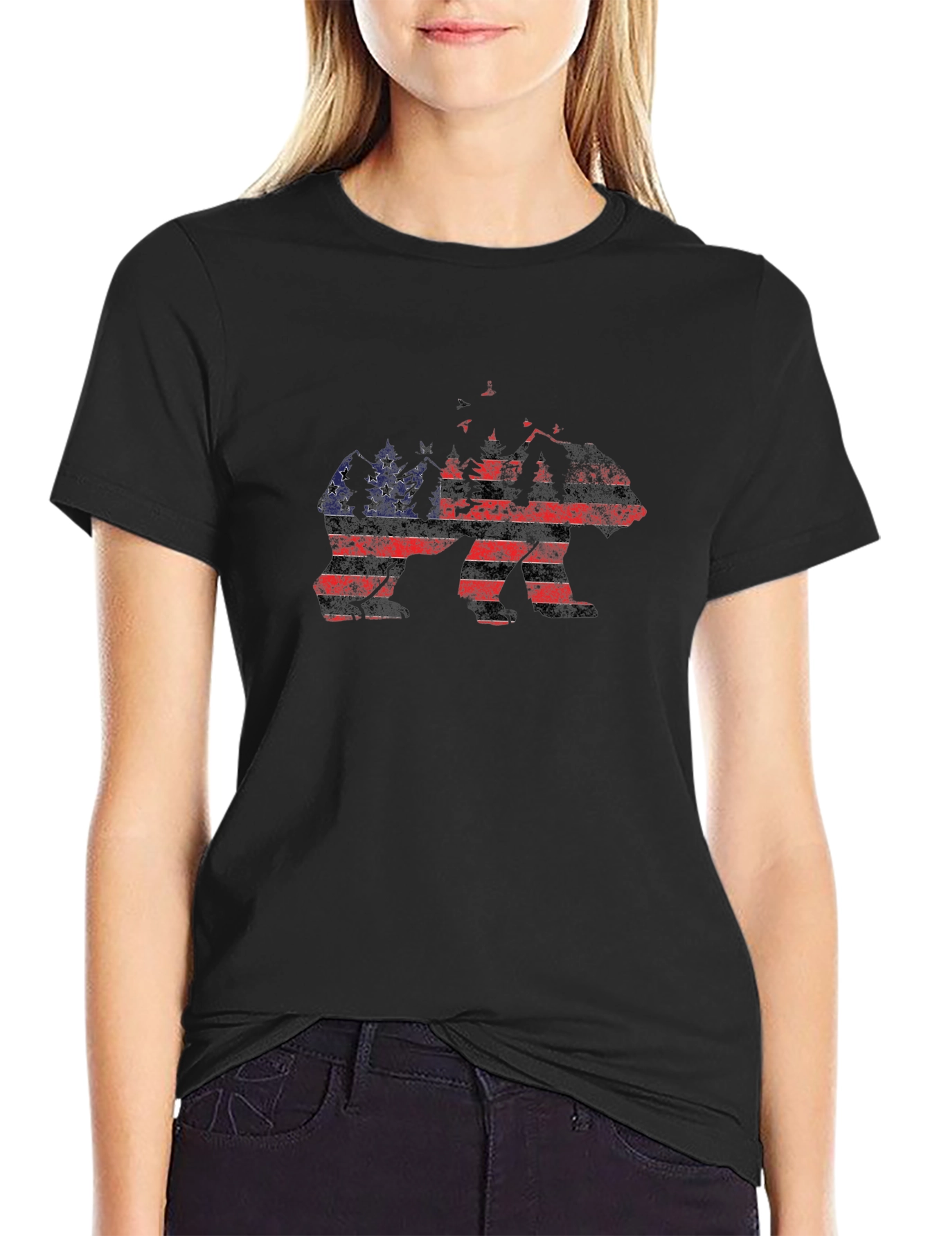 American Flag Bear Graphic Print T-Shirt