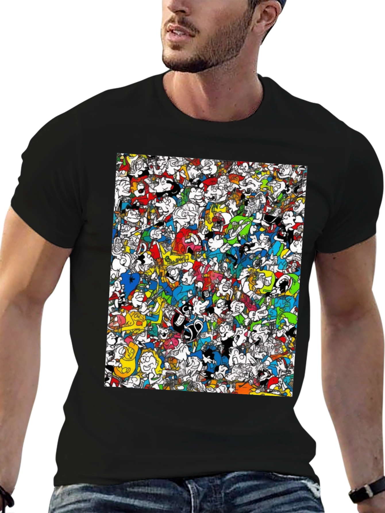 Cartoon Character Print Black Tee