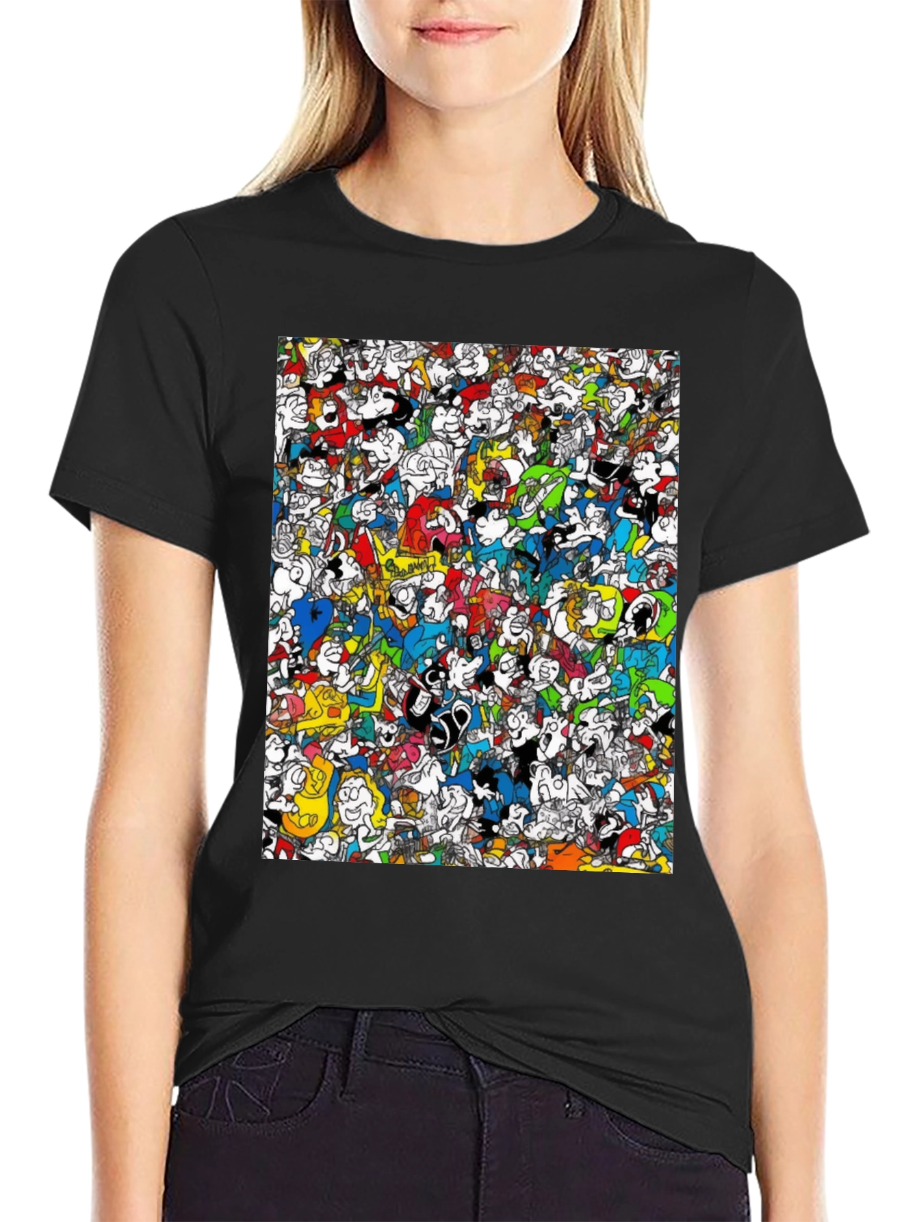 Cartoon Character Print Black Tee