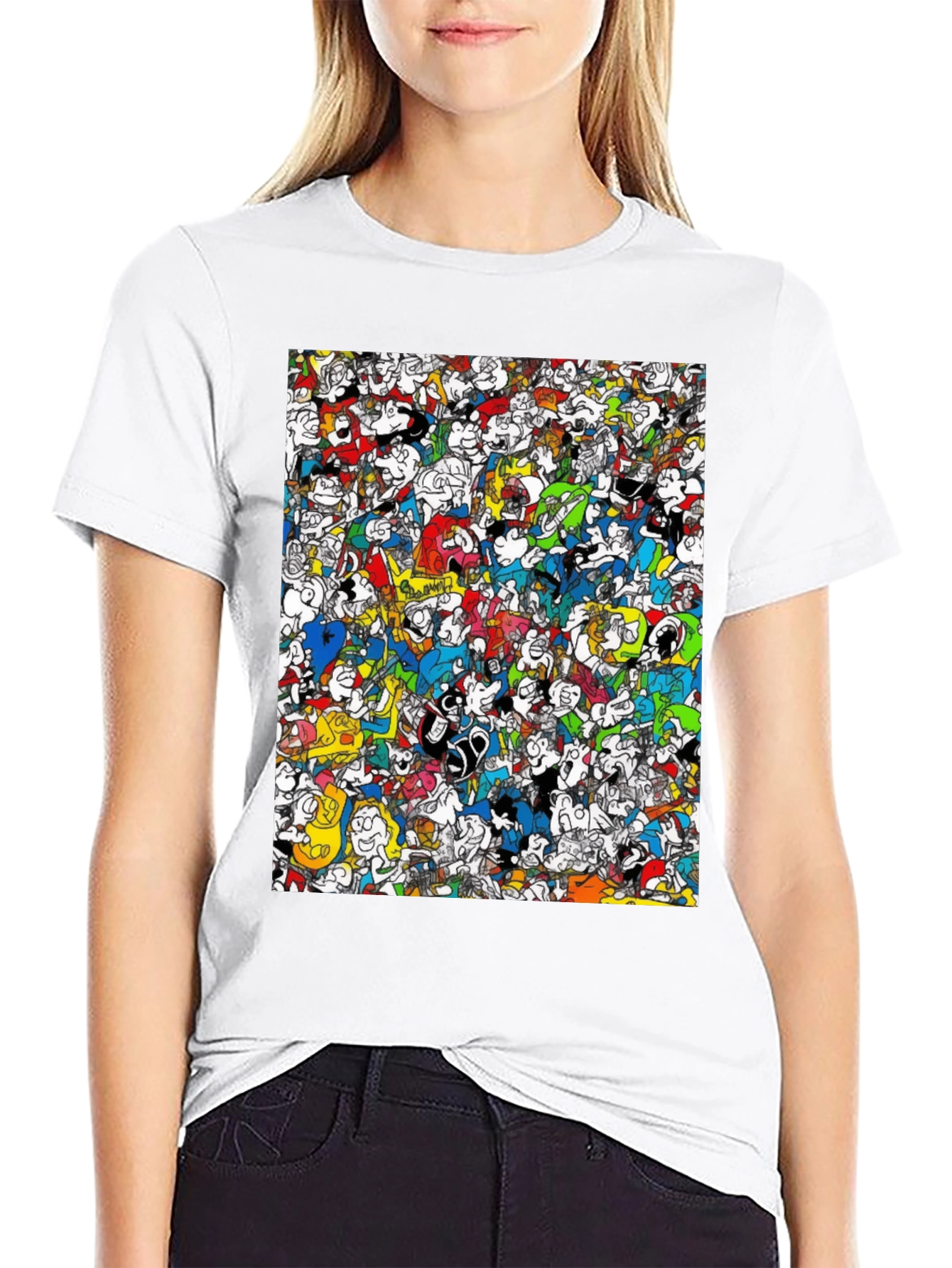 Cartoon Character Print Black Tee