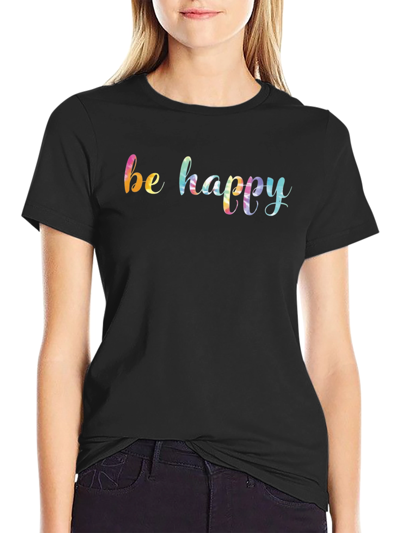 Be Happy Rainbow Graphic Black T-Shirt