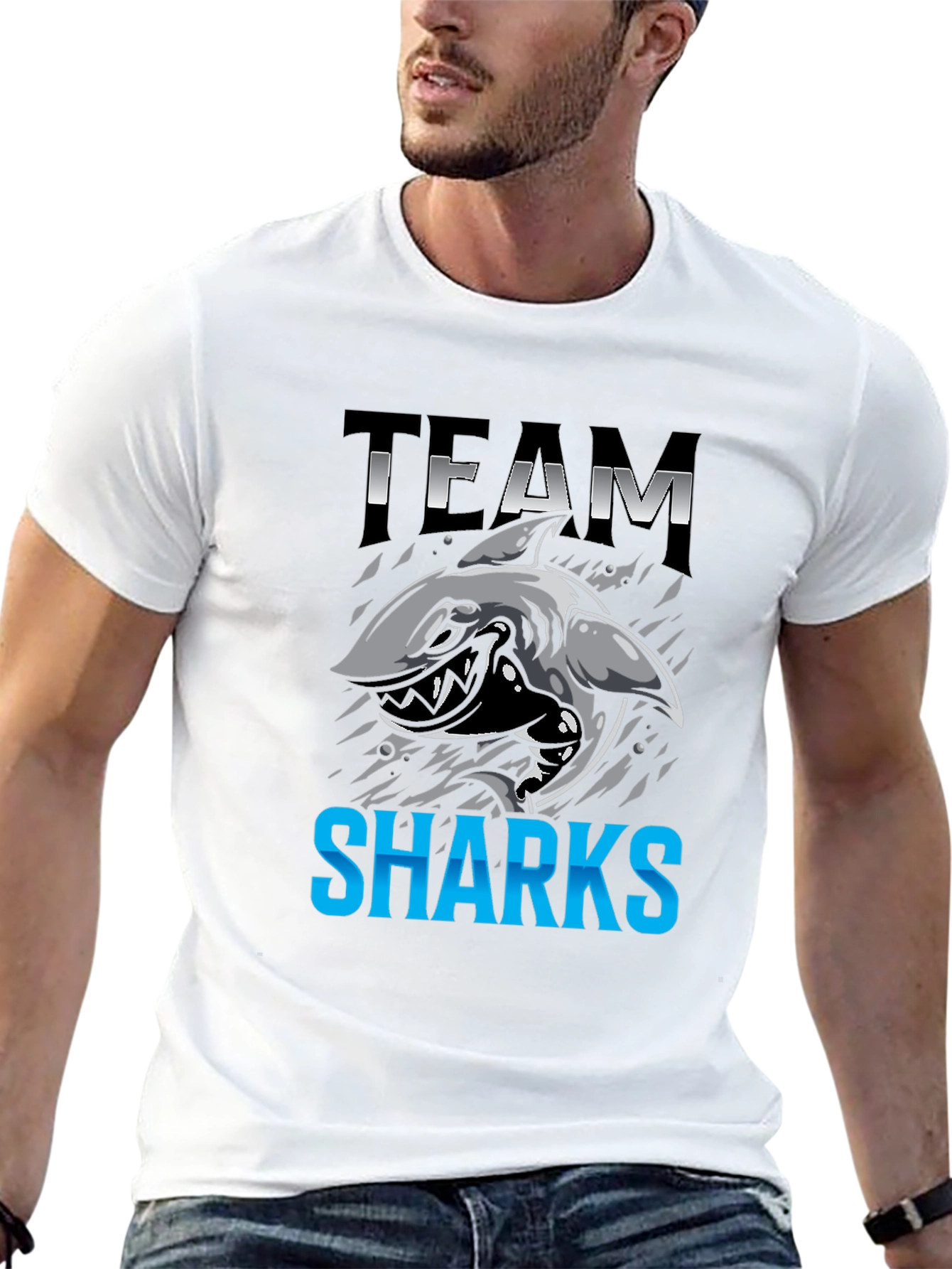 Team Sharks Graphic Print Black T-Shirt
