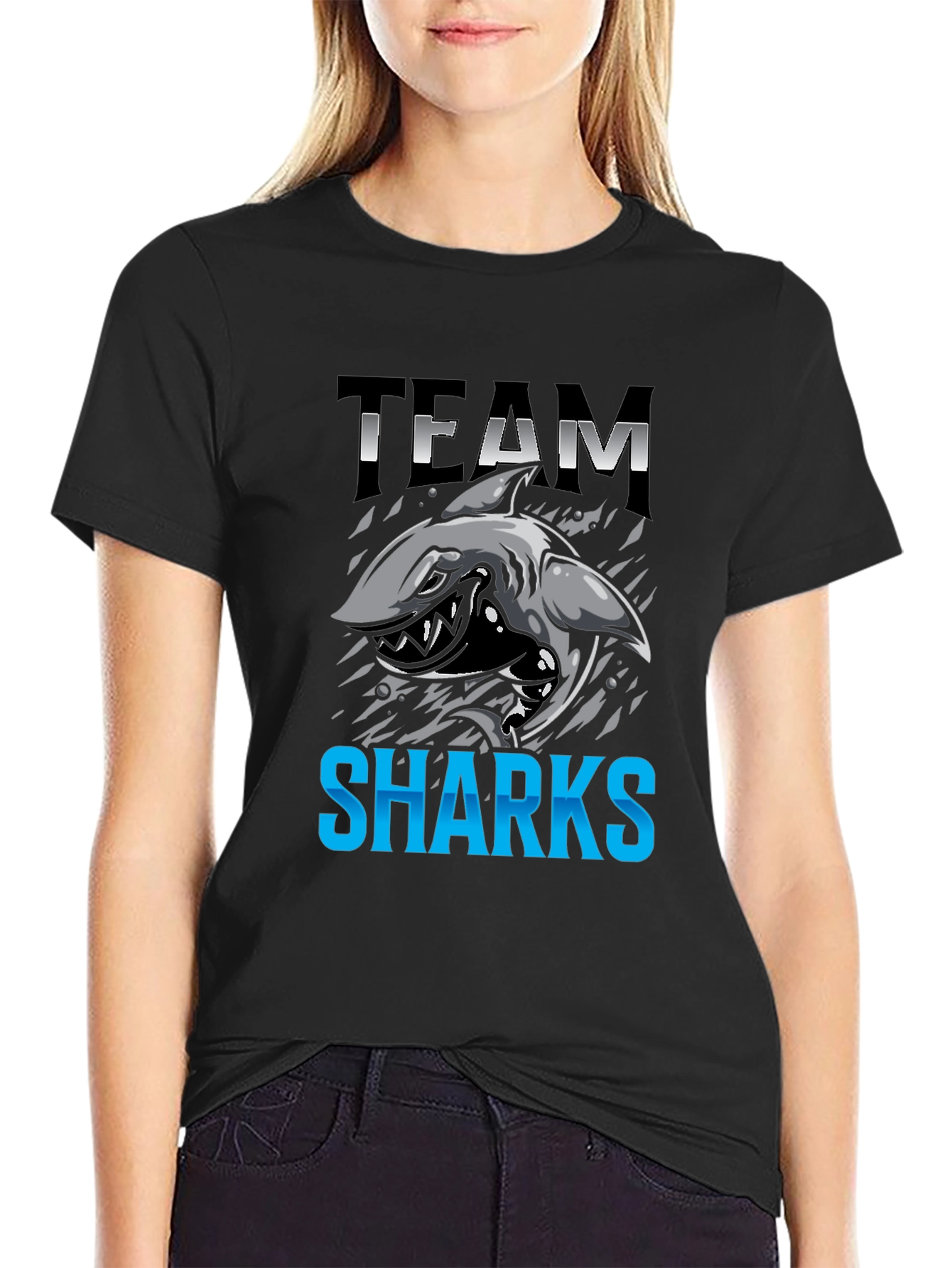 Team Sharks Graphic Print Black T-Shirt
