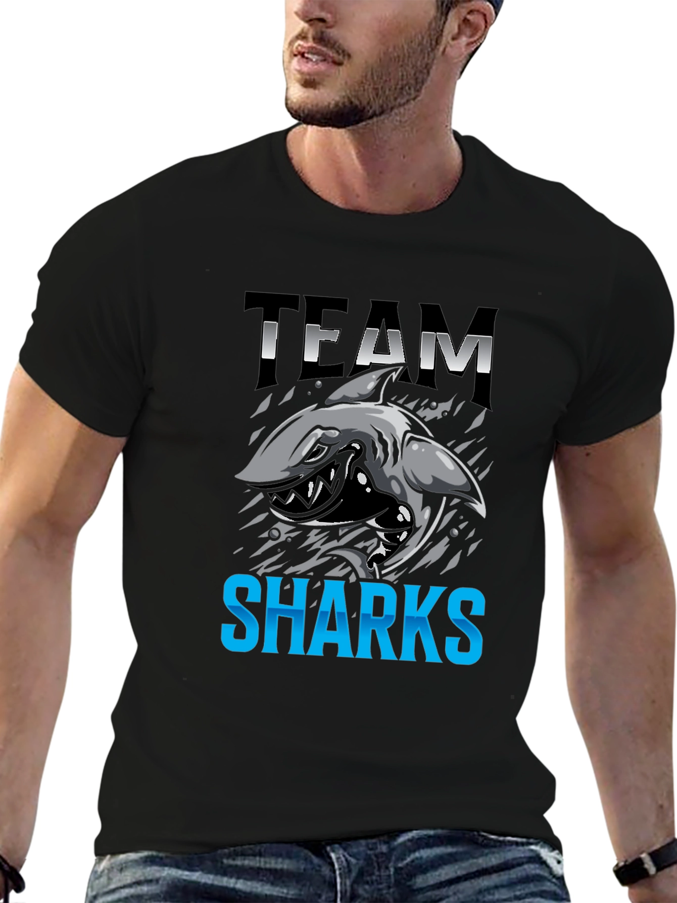 Team Sharks Graphic Print Black T-Shirt