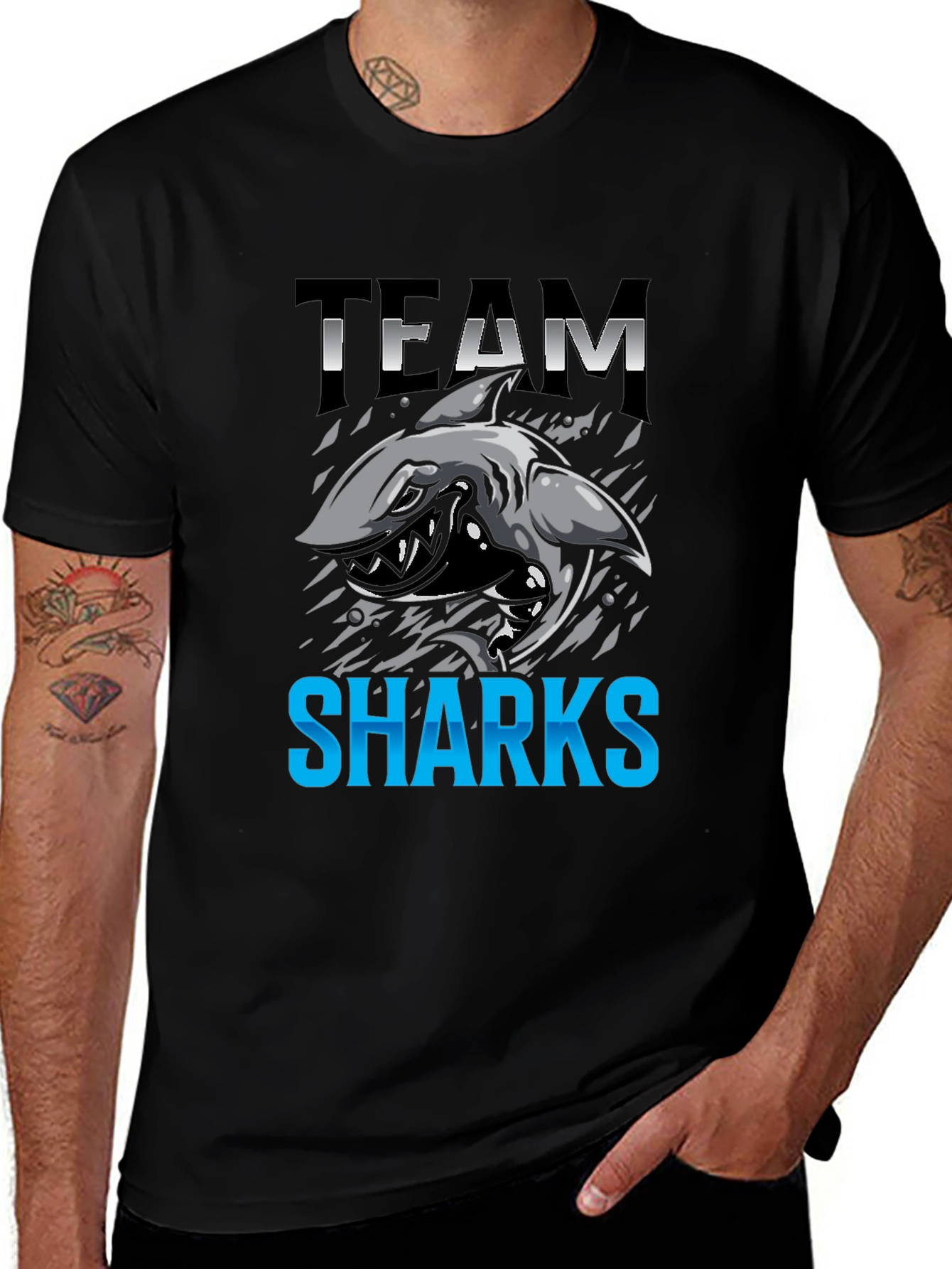 Team Sharks Graphic Print Black T-Shirt