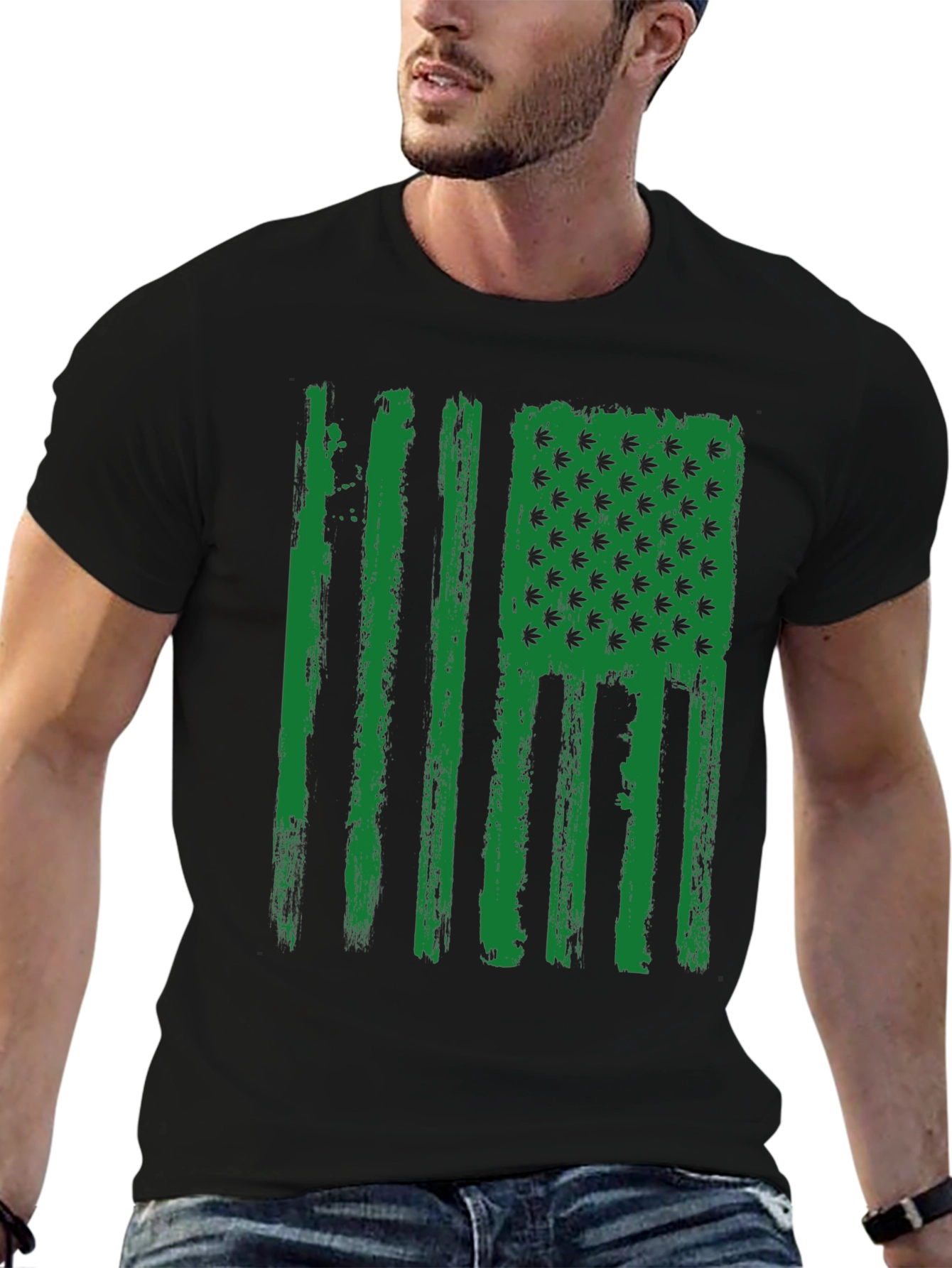 American Flag Weed Leaf Mens Black T-Shirt