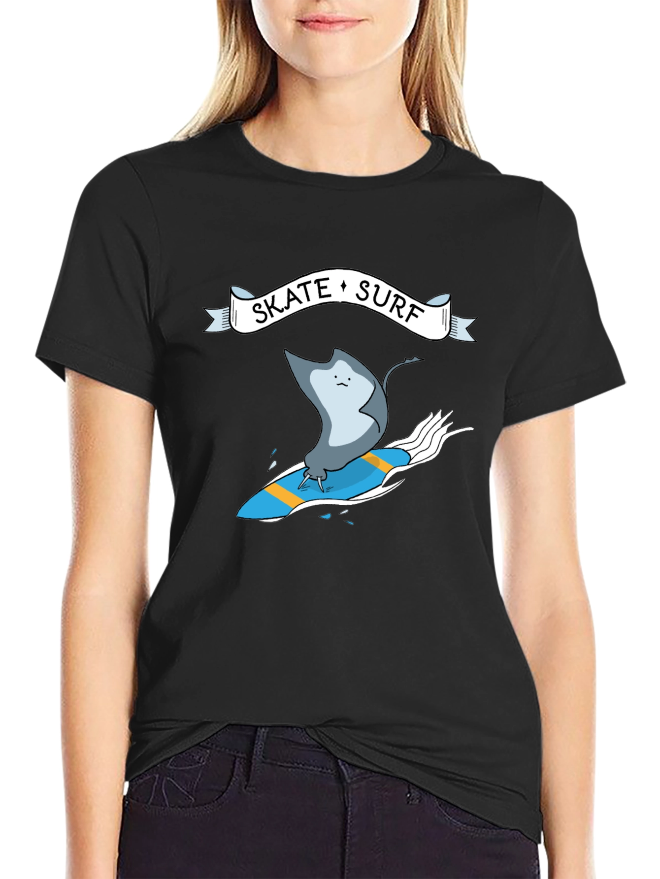 Skate Surf Ray Graphic Tee - Black Cotton T-Shirt