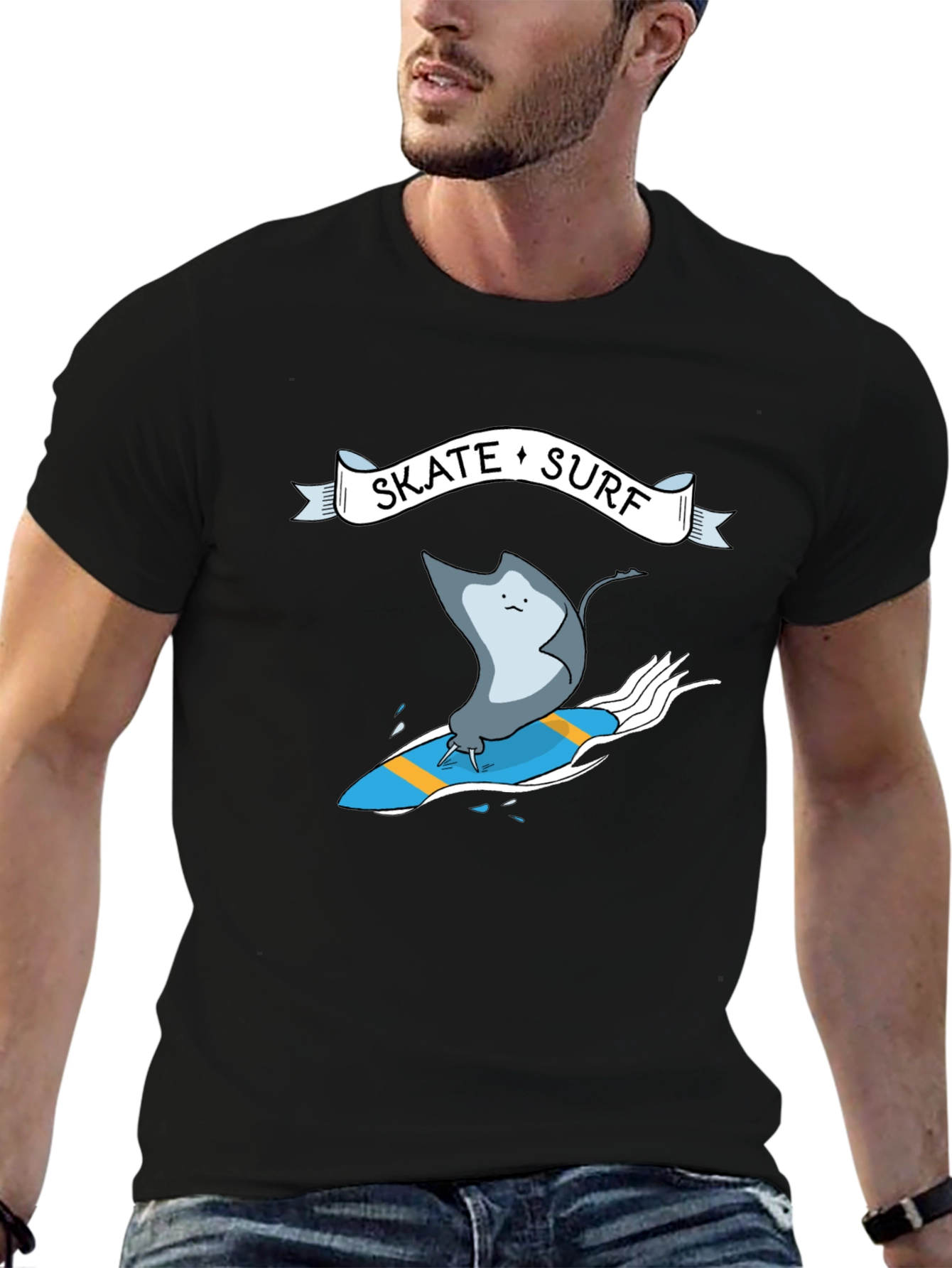 Skate Surf Ray Graphic Tee - Black Cotton T-Shirt