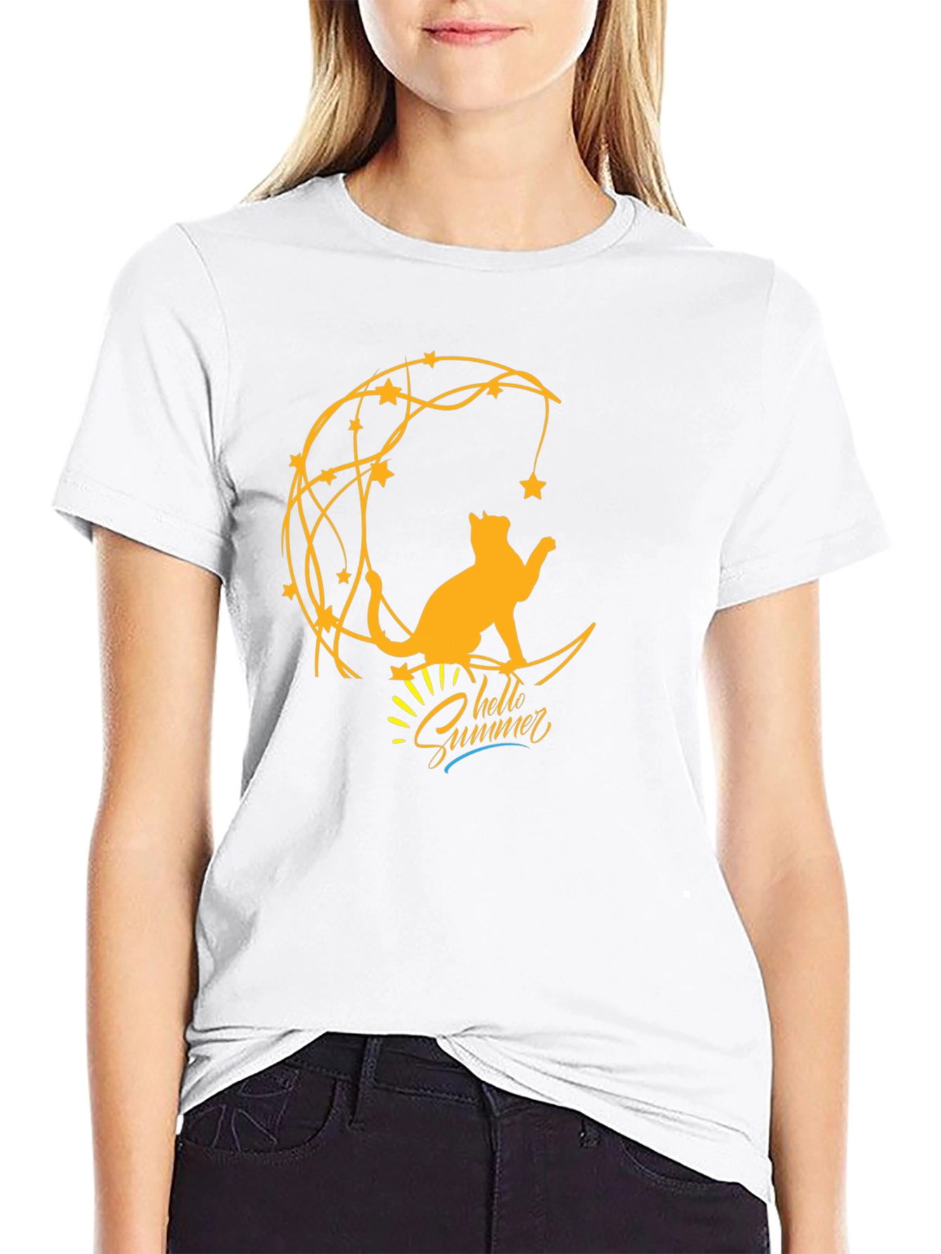 Cat on Moon Graphic Tee - Hello Summer T-Shirt