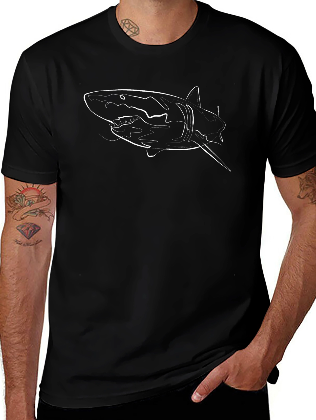 Shark Outline Black T-Shirt - Mens Graphic Tee