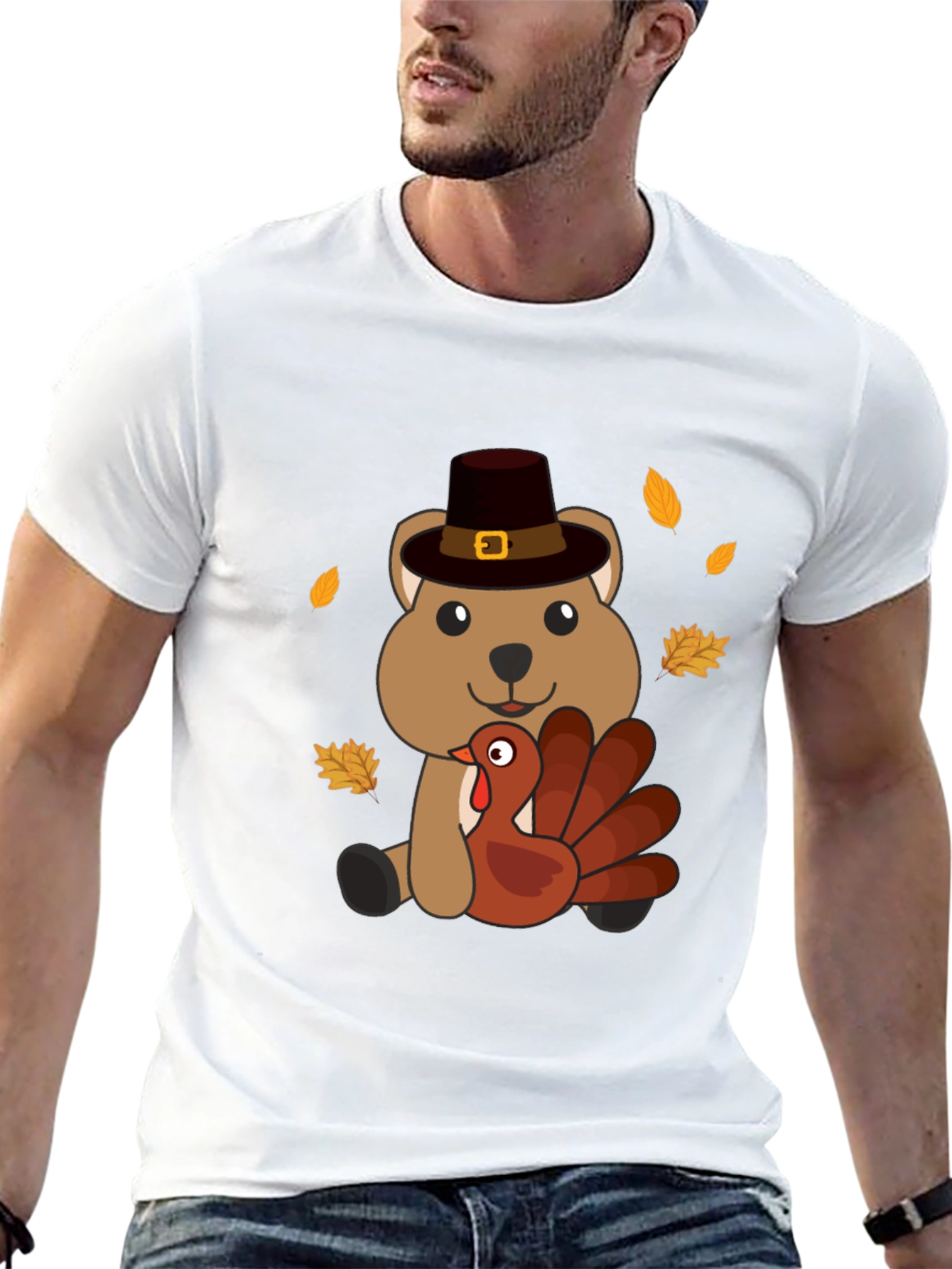 Thanksgiving Bear with Turkey Black T-Shirt
