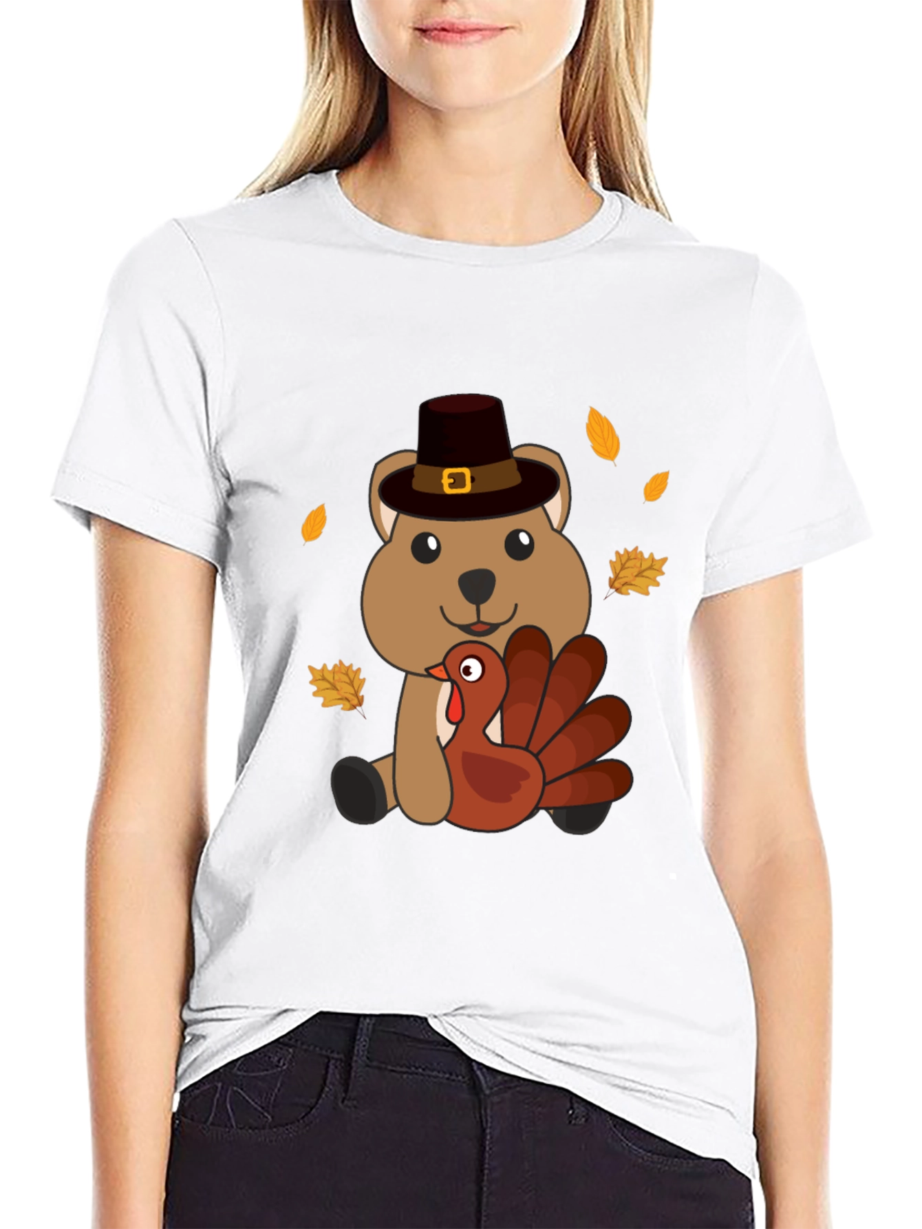 Thanksgiving Bear with Turkey Black T-Shirt