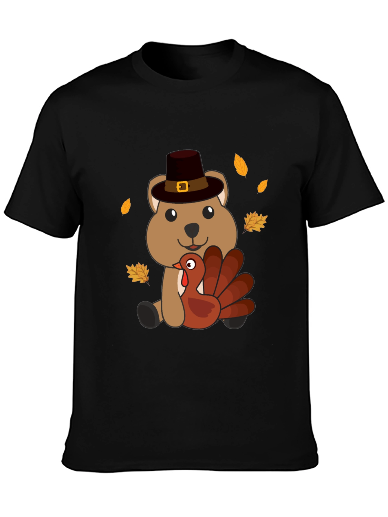 Thanksgiving Bear with Turkey Black T-Shirt