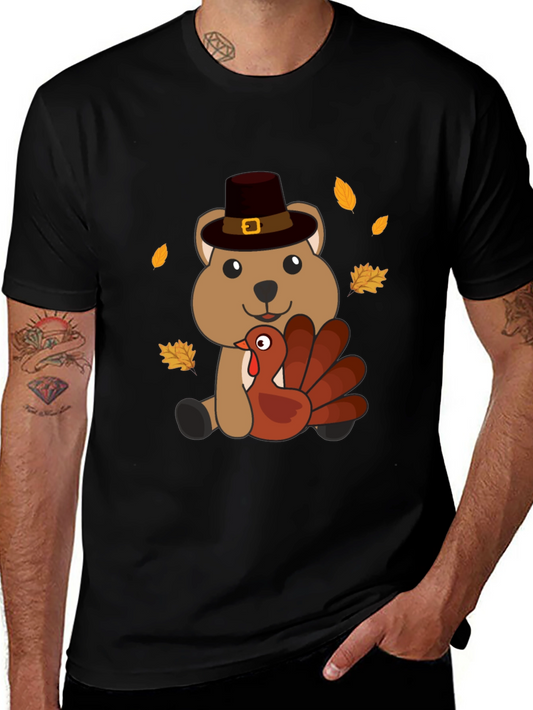 Thanksgiving Bear with Turkey Black T-Shirt