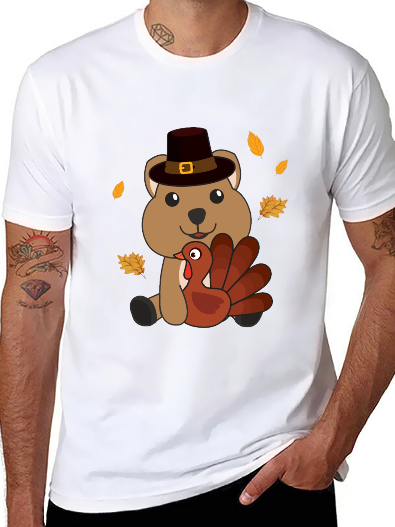 Thanksgiving Bear with Turkey Black T-Shirt