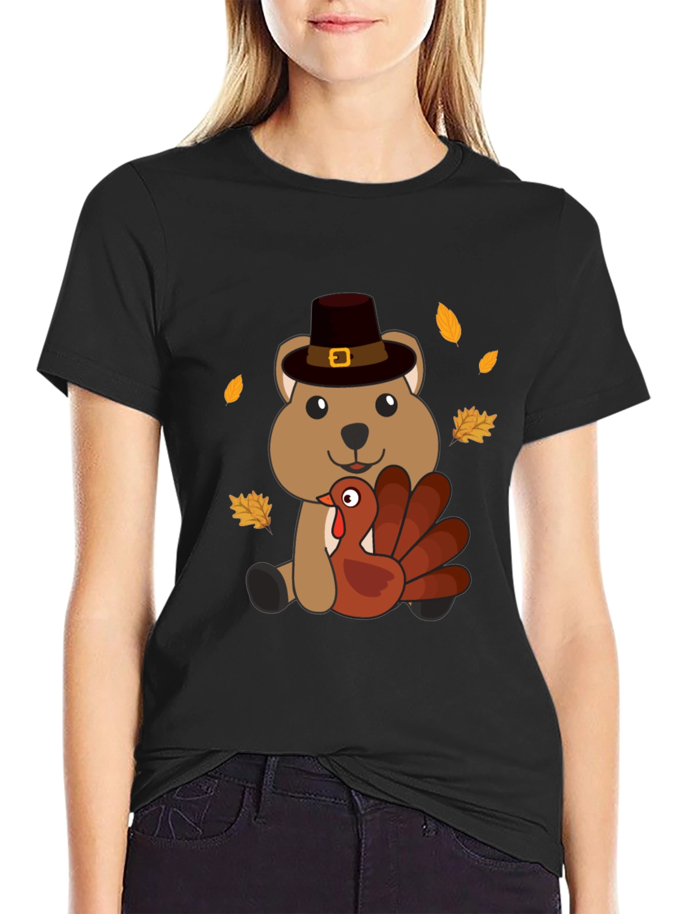 Thanksgiving Bear with Turkey Black T-Shirt