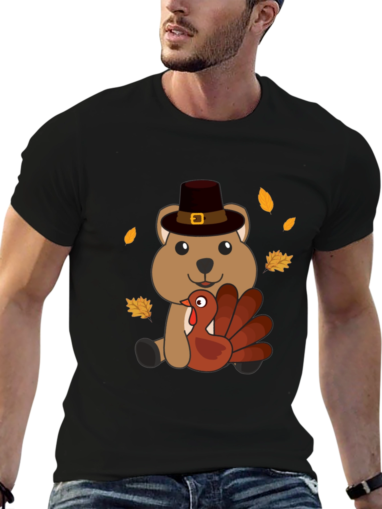 Thanksgiving Bear with Turkey Black T-Shirt