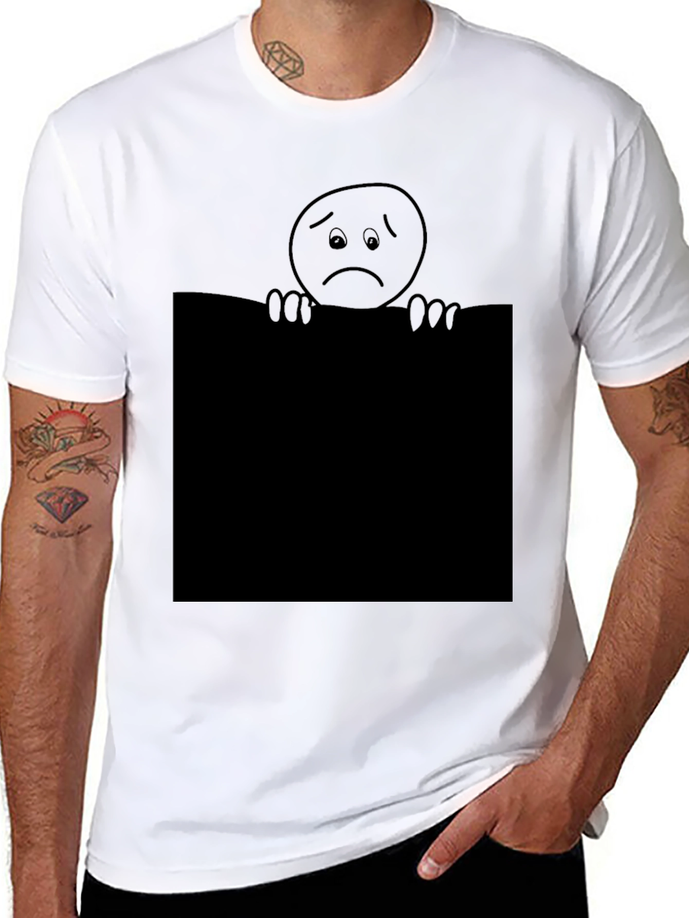 Sad Face Graphic T-Shirt - Black Crew Neck