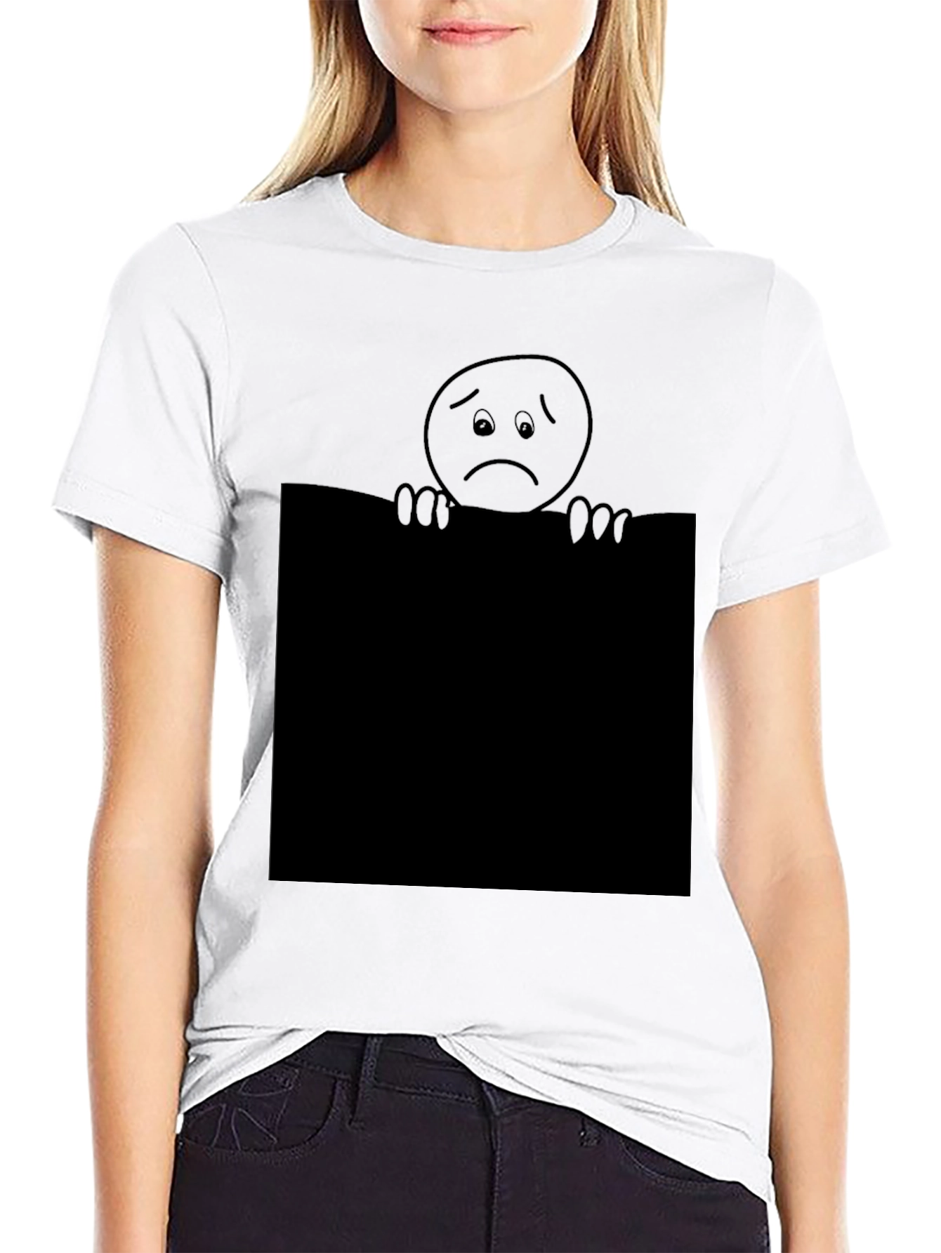 Sad Face Graphic T-Shirt - Black Crew Neck