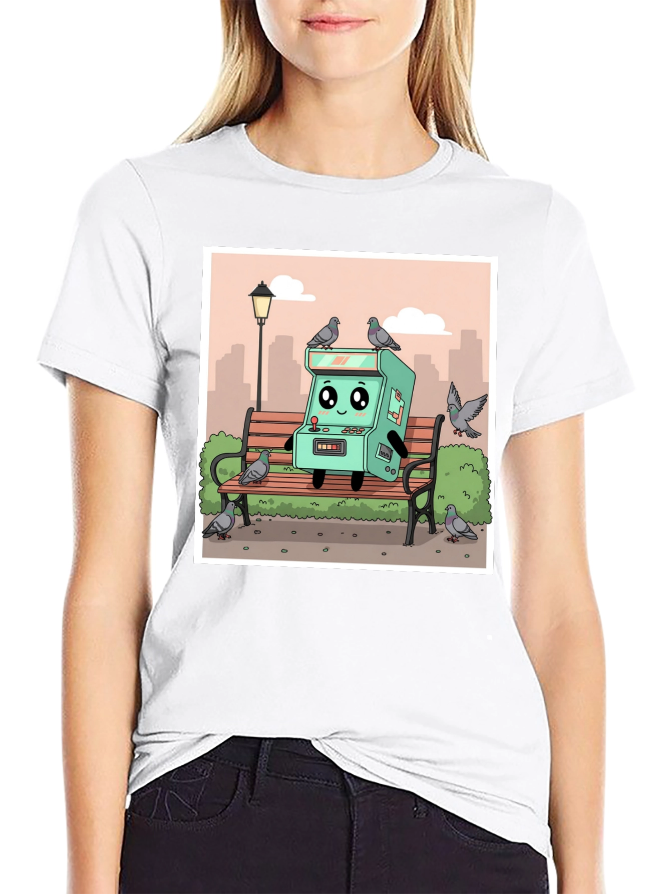 Cartoon Arcade Game on Park Bench T-Shirt
