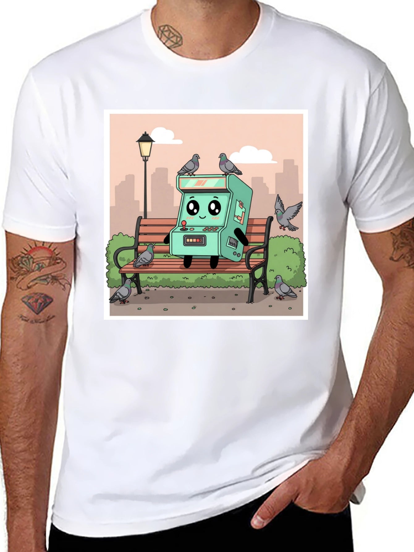Cartoon Arcade Game on Park Bench T-Shirt