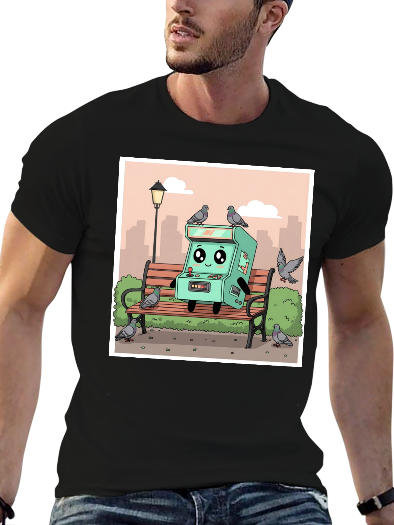Cartoon Arcade Game on Park Bench T-Shirt