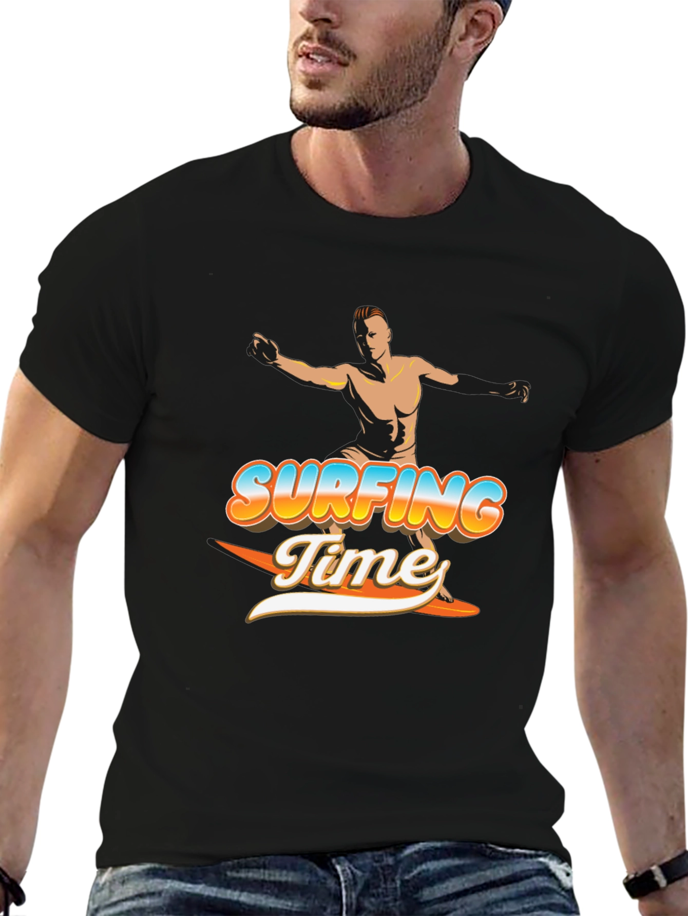 Surfing Time Graphic Tee - Black Cotton T-Shirt