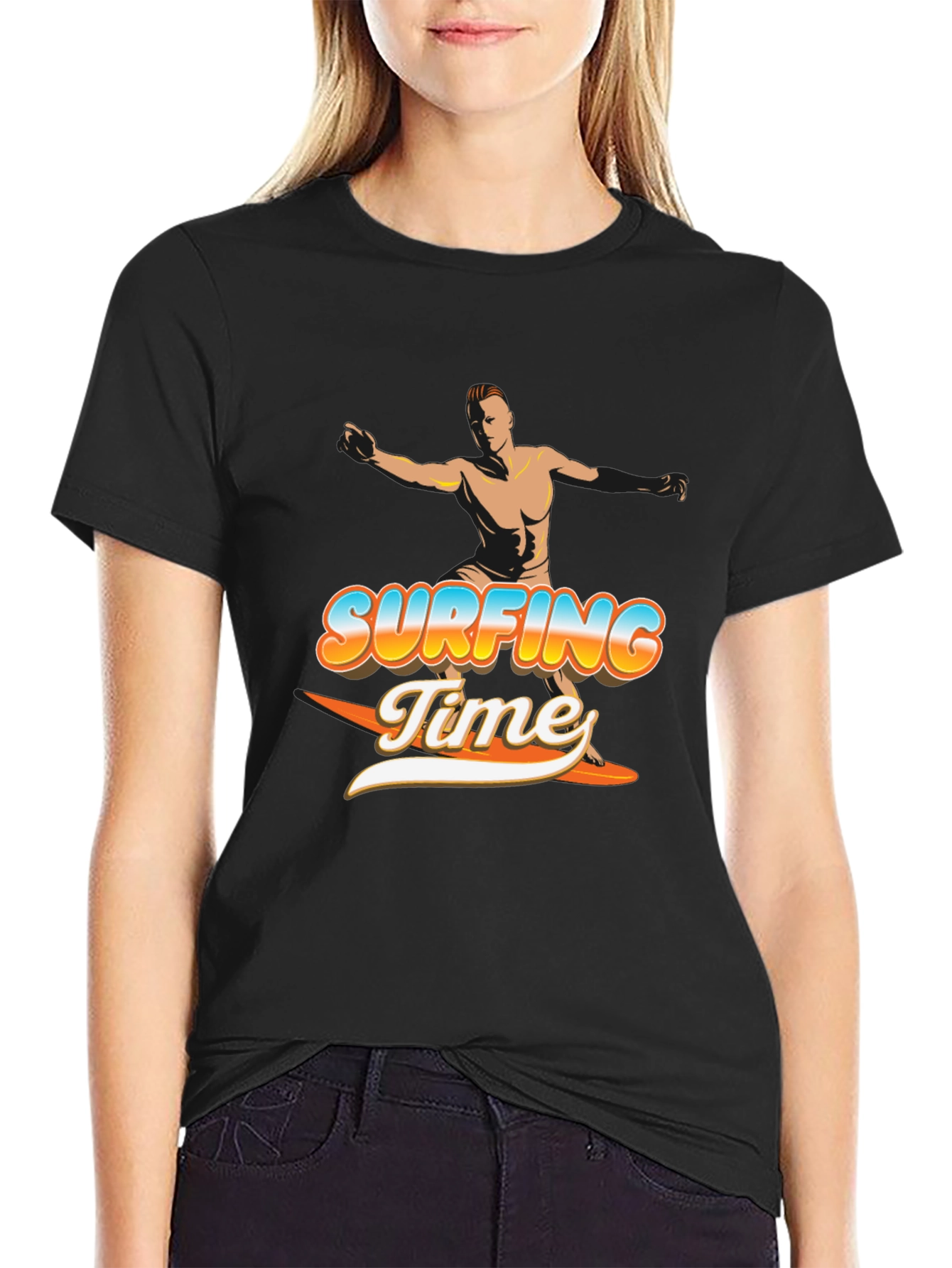 Surfing Time Graphic Tee - Black Cotton T-Shirt