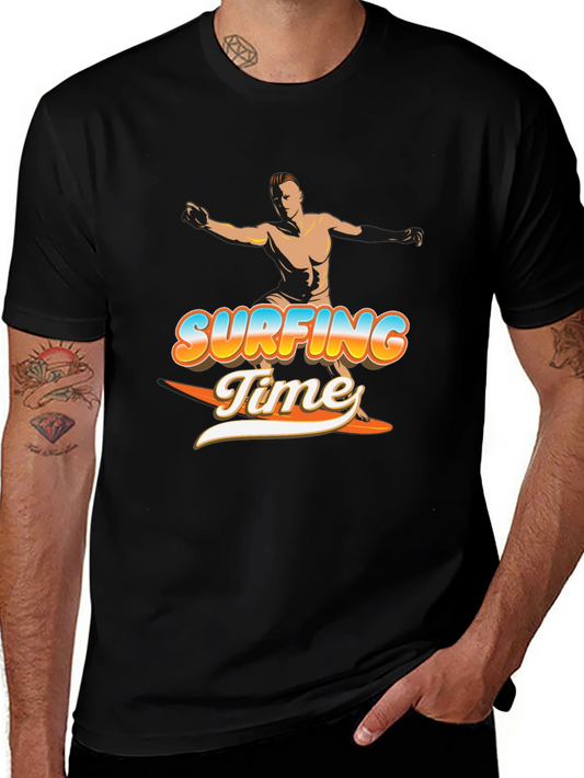 Surfing Time Graphic Tee - Black Cotton T-Shirt