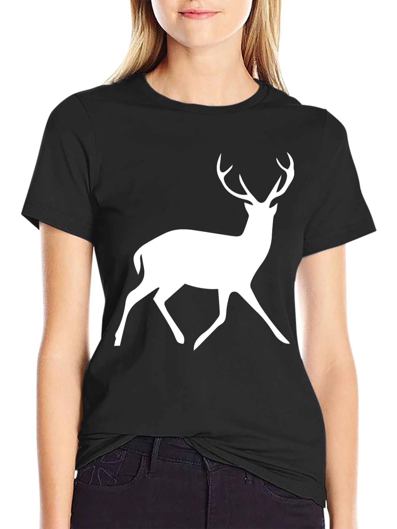 Black T-Shirt with White Deer Graphic