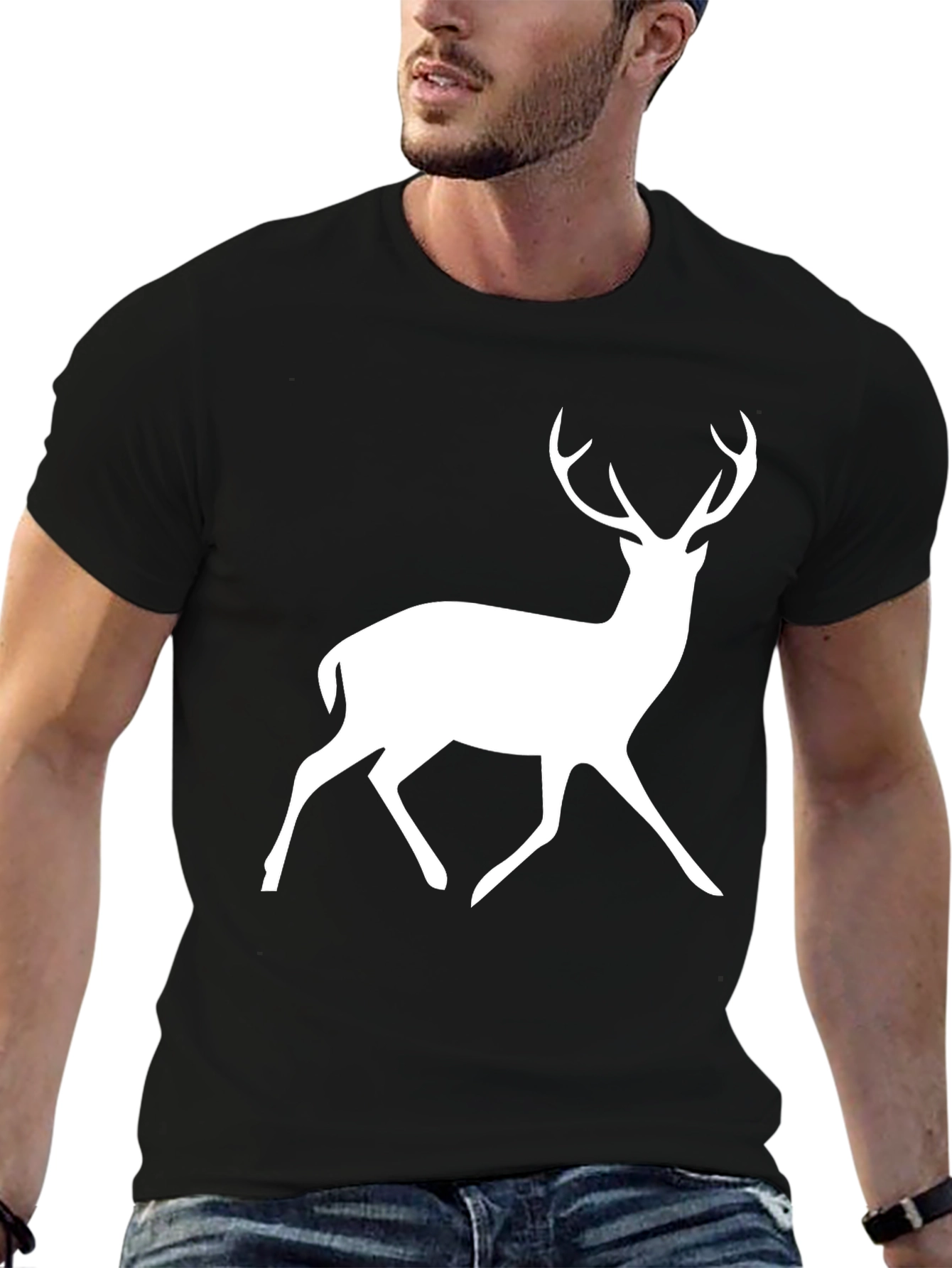 Black T-Shirt with White Deer Graphic