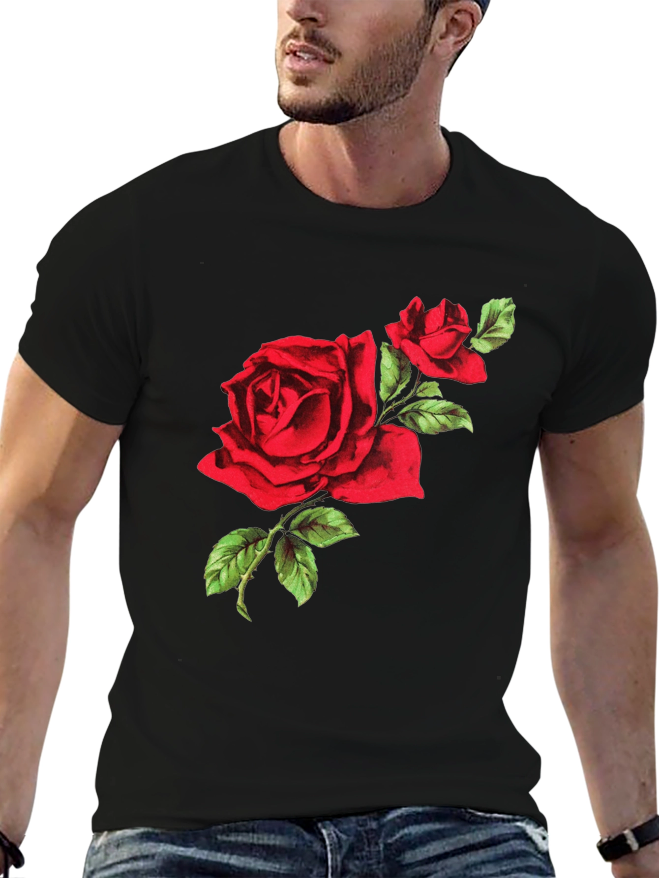Red Rose Graphic Tee - Black Cotton T-Shirt