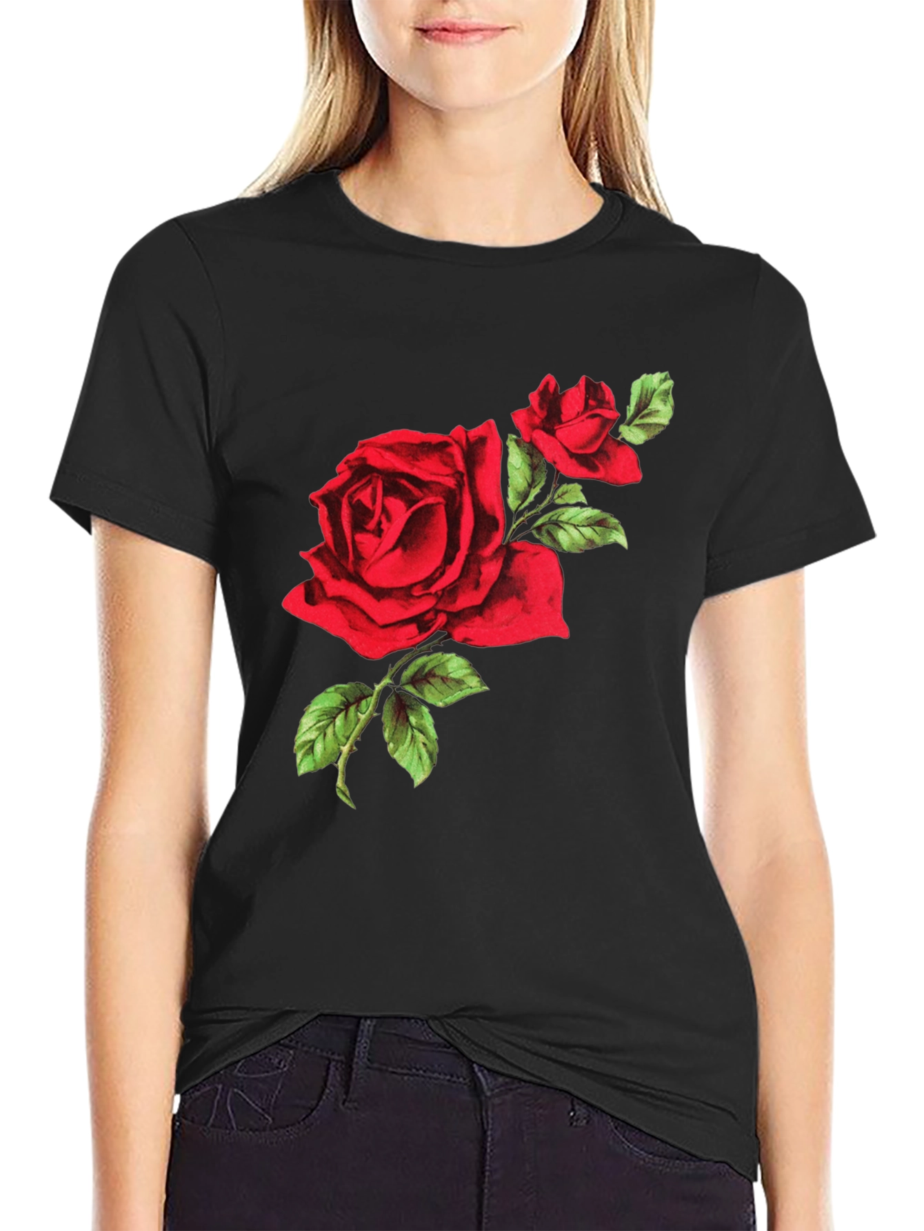 Red Rose Graphic Tee - Black Cotton T-Shirt