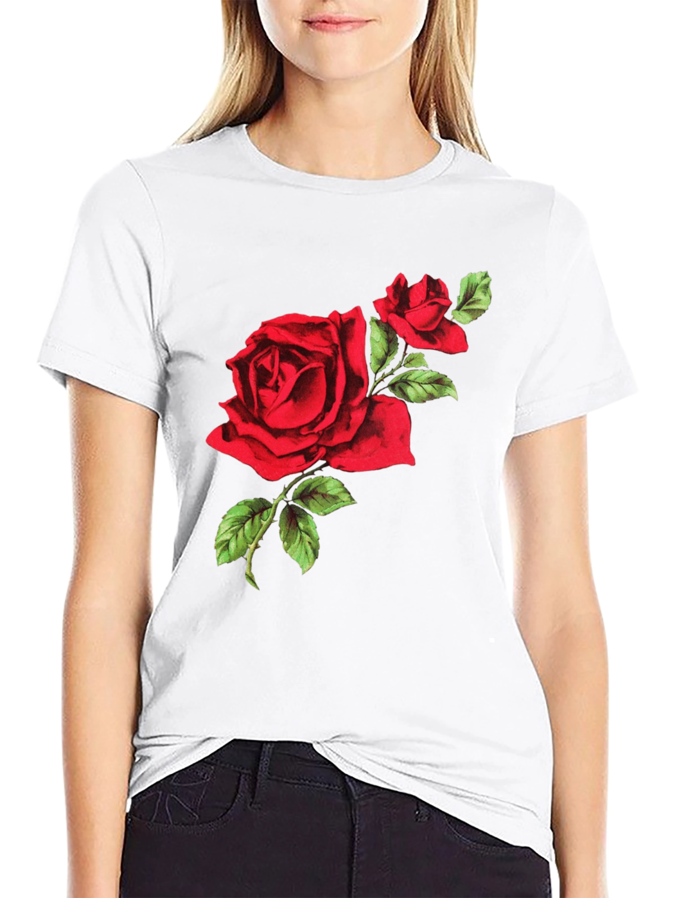 Red Rose Graphic Tee - Black Cotton T-Shirt